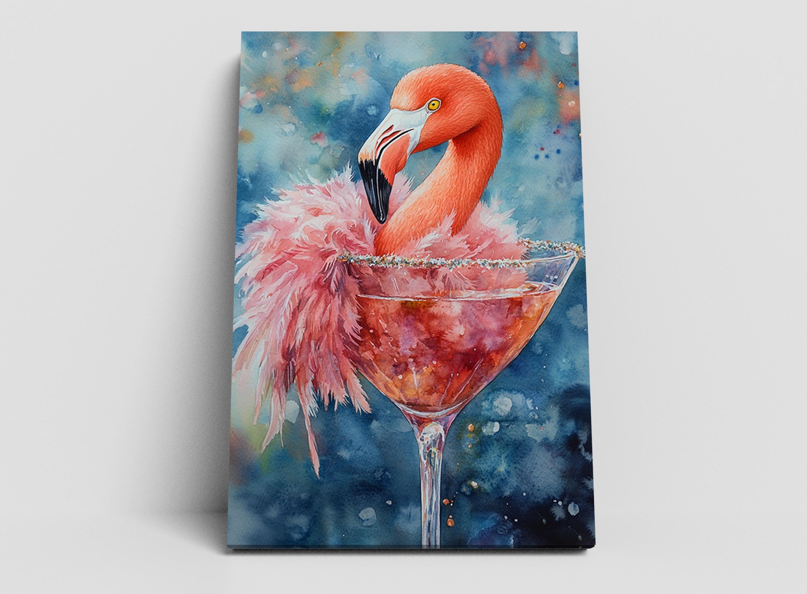 A vibrant watercolor painting depicts a flamingo perched on a martini glass, with a pink feather adorning its back.