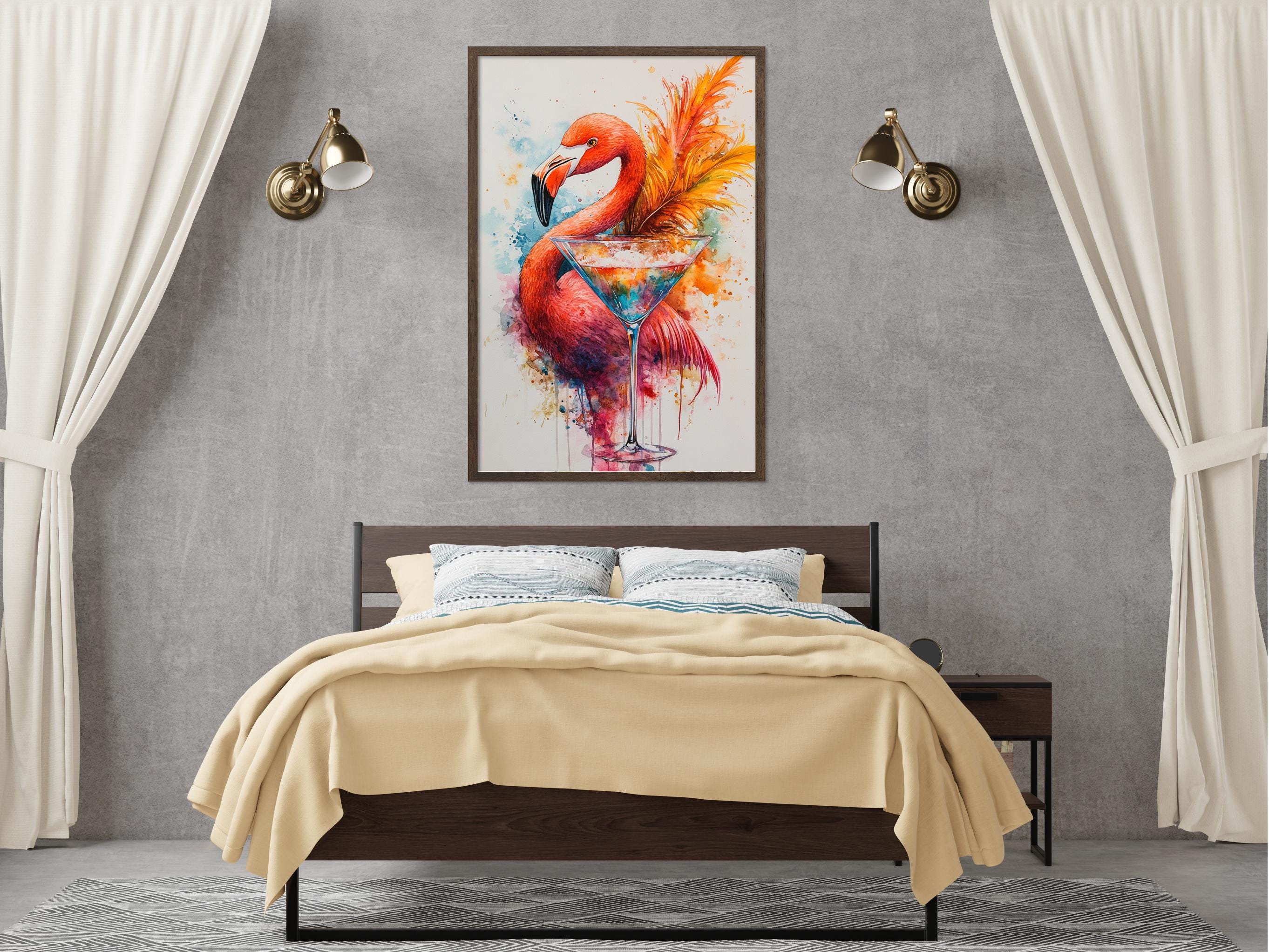 a bedroom with a large bed, a nightstand, and a framed painting of a flamingo holding a martini glass. The painting is hanging on the wall above the bed.