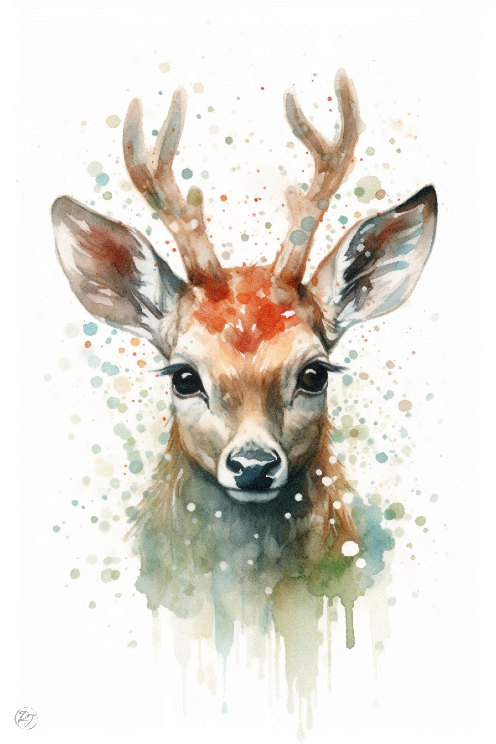 Adorable Baby Reindeer Watercolor - Charming Holiday Decor, Print on Canvas, Artist Paper, Watercolor Paper, Available in Extra Large Sizes
