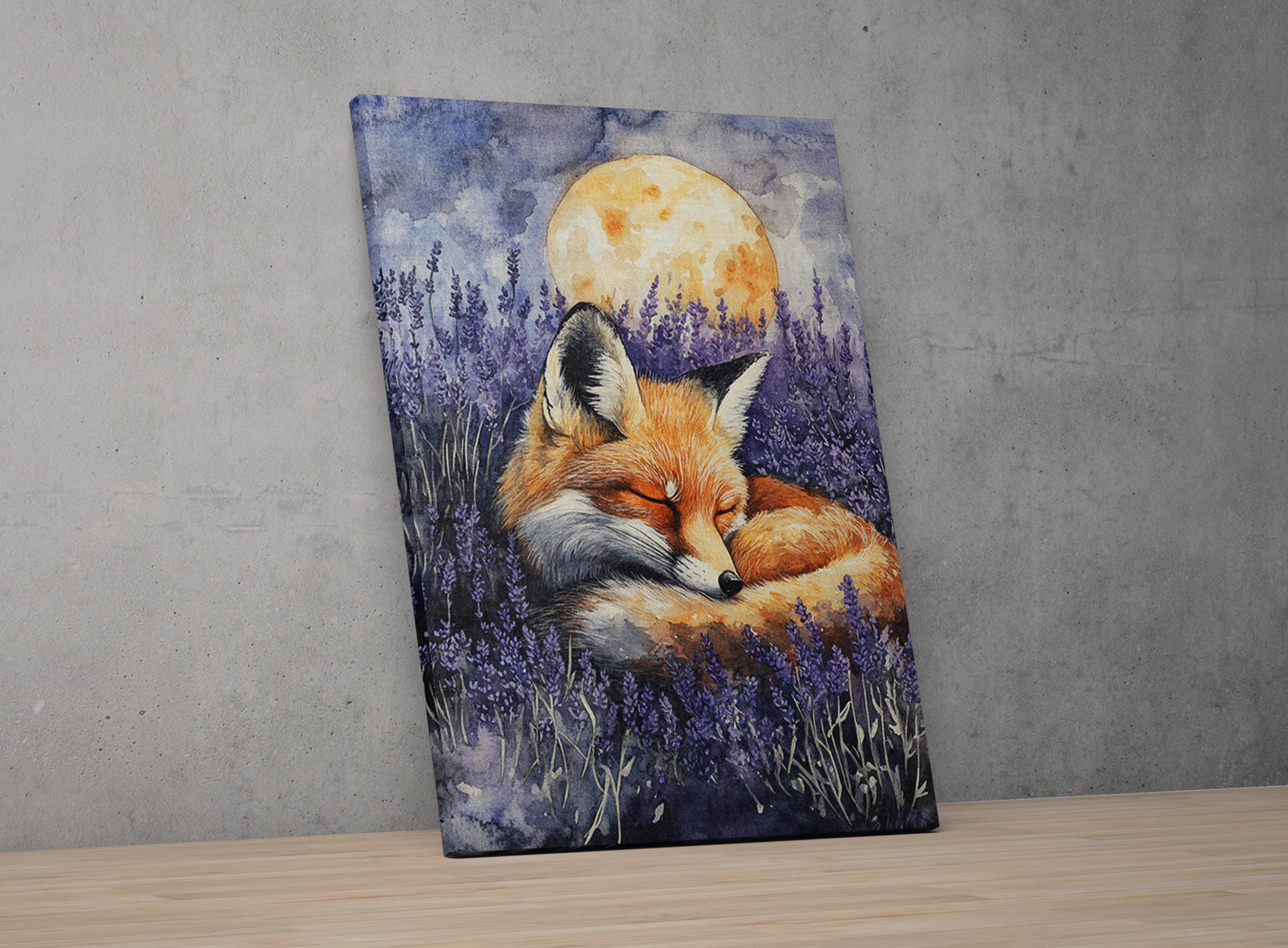 A painting of a sleeping fox in a field of purple flowers, with a large yellow moon in the background.
