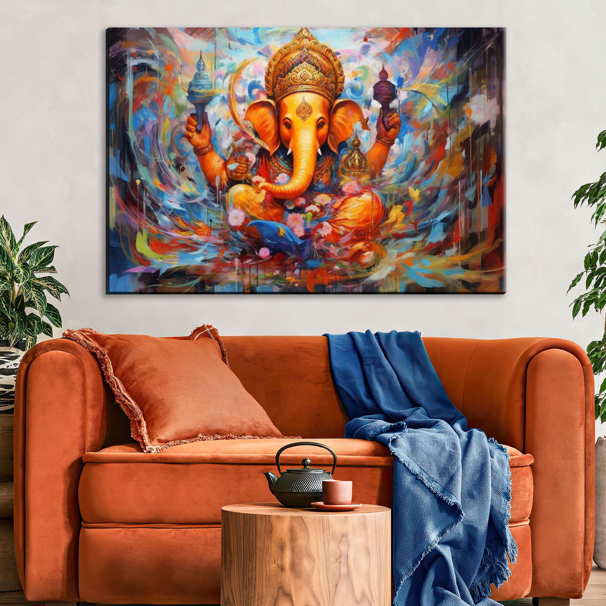 Ganesha Canvas Art – Large Hindu Wall Art With Wooden Frame | Vibrant Spiritual Painting