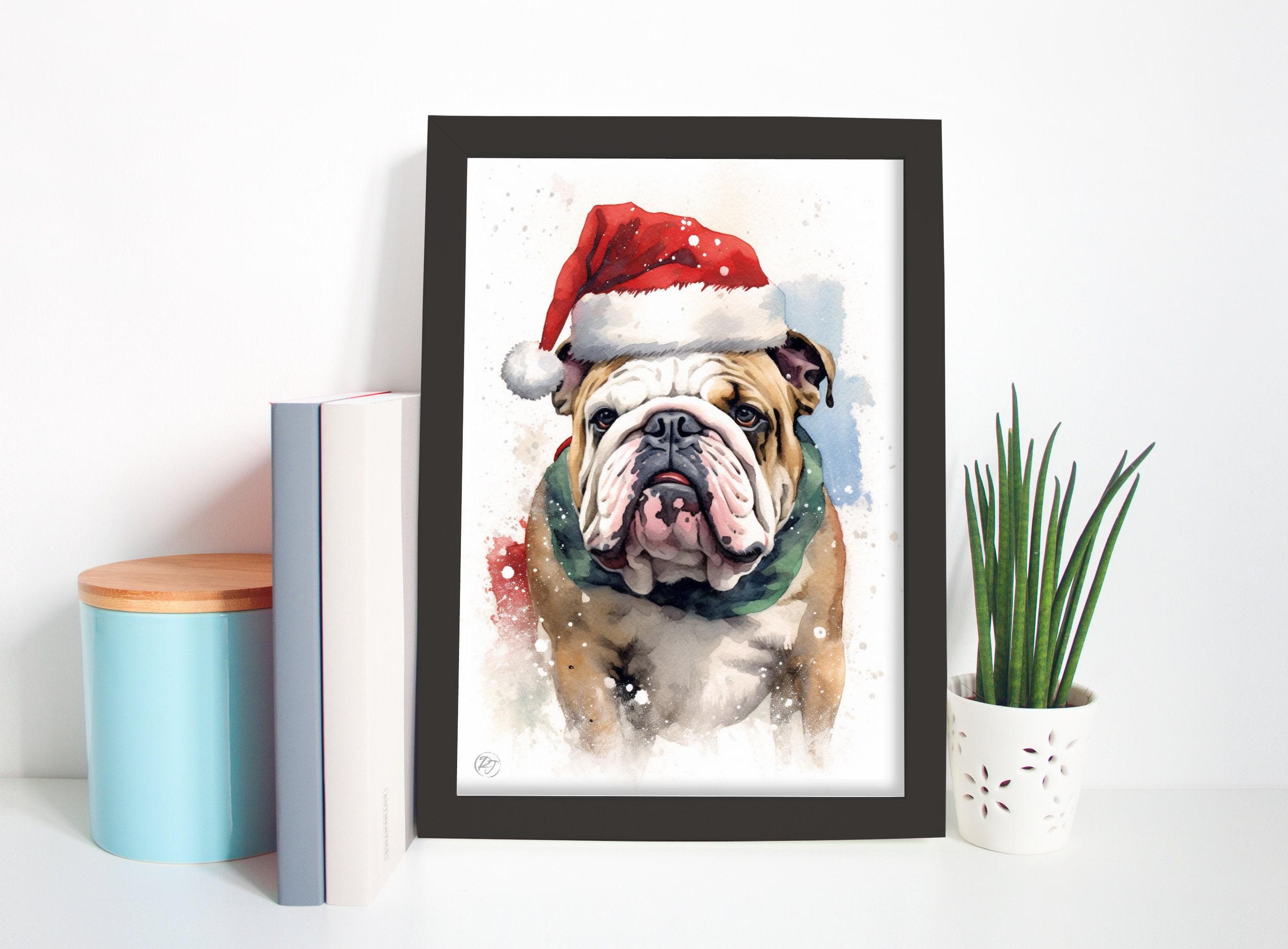 Festive English Bulldog in Santa Hat Watercolor Art, Giclee Print on Canvas, Artist Paper, Watercolor Paper, Available in Extra Large Sizes