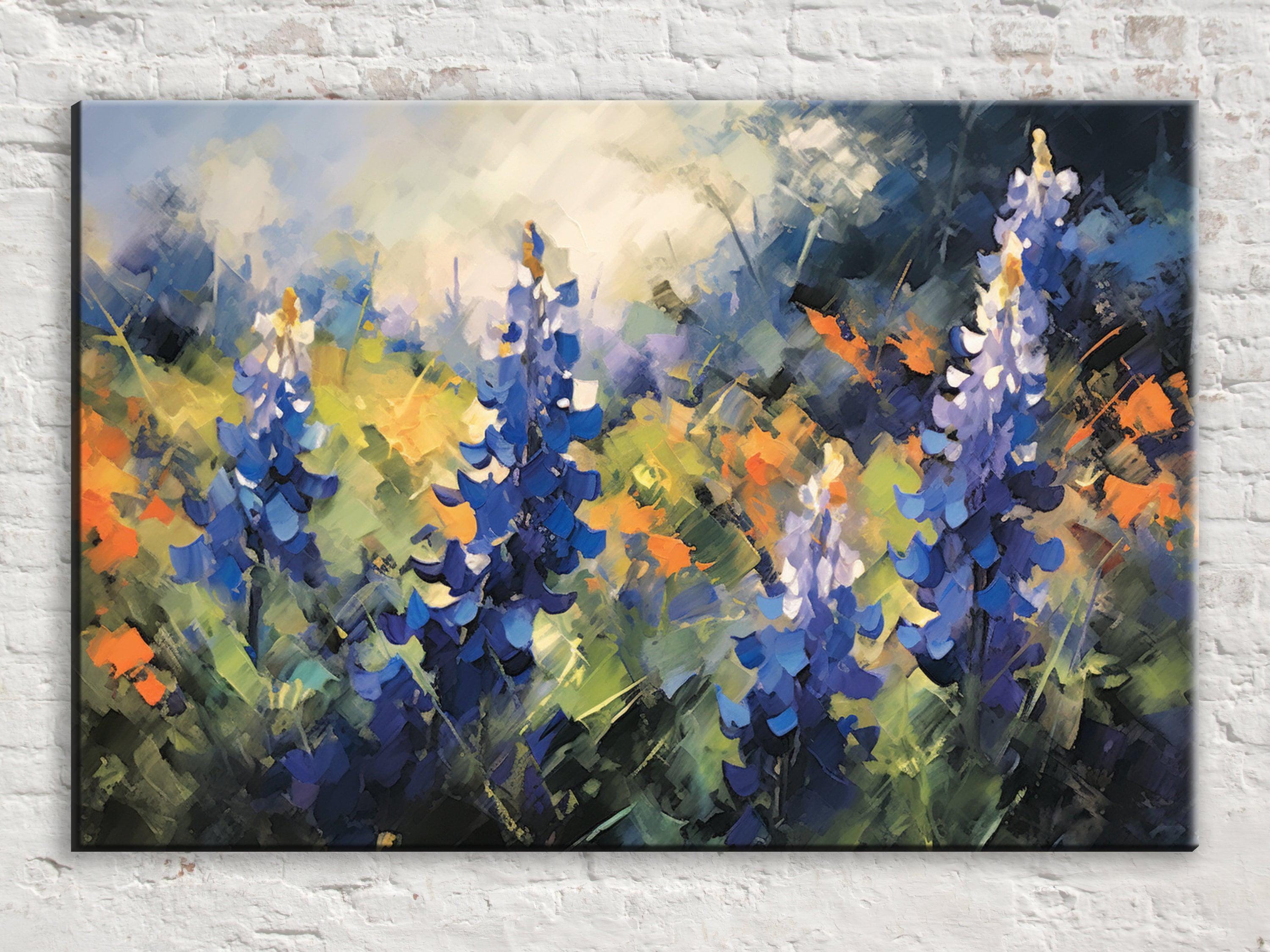 The image is a vibrant painting depicting a field of blue lupine flowers against a backdrop of lush green foliage and a bright blue sky.