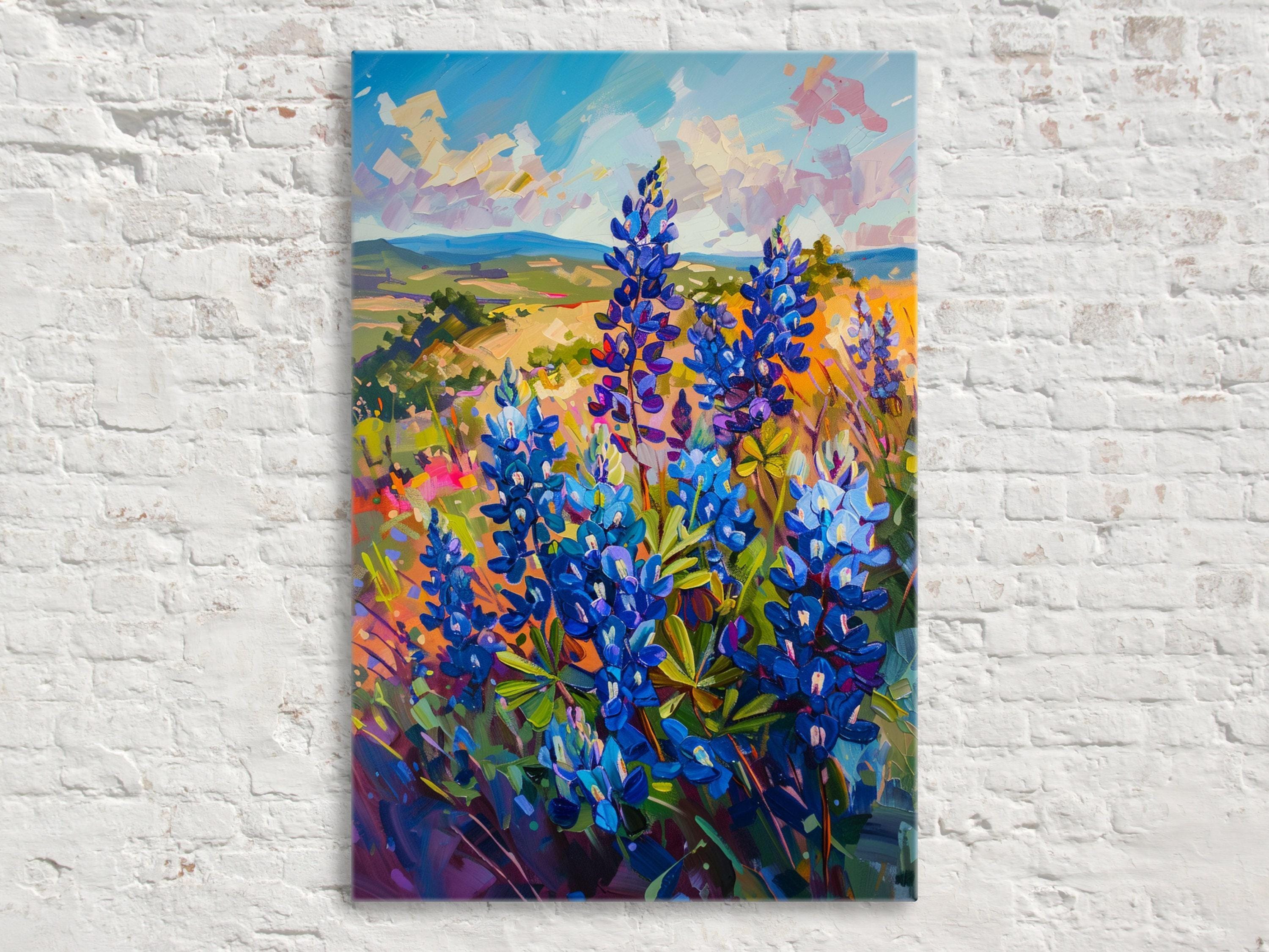 A vibrant painting of a field filled with blue and purple flowers, set against a backdrop of a blue sky with clouds.