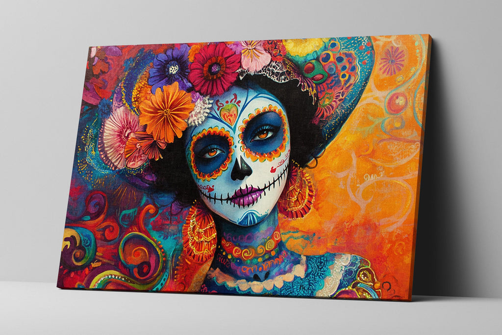 Day of the Dead Canvas - Colorful Wall Art | Extra Large Sugar Skull Print, Ready to Hang