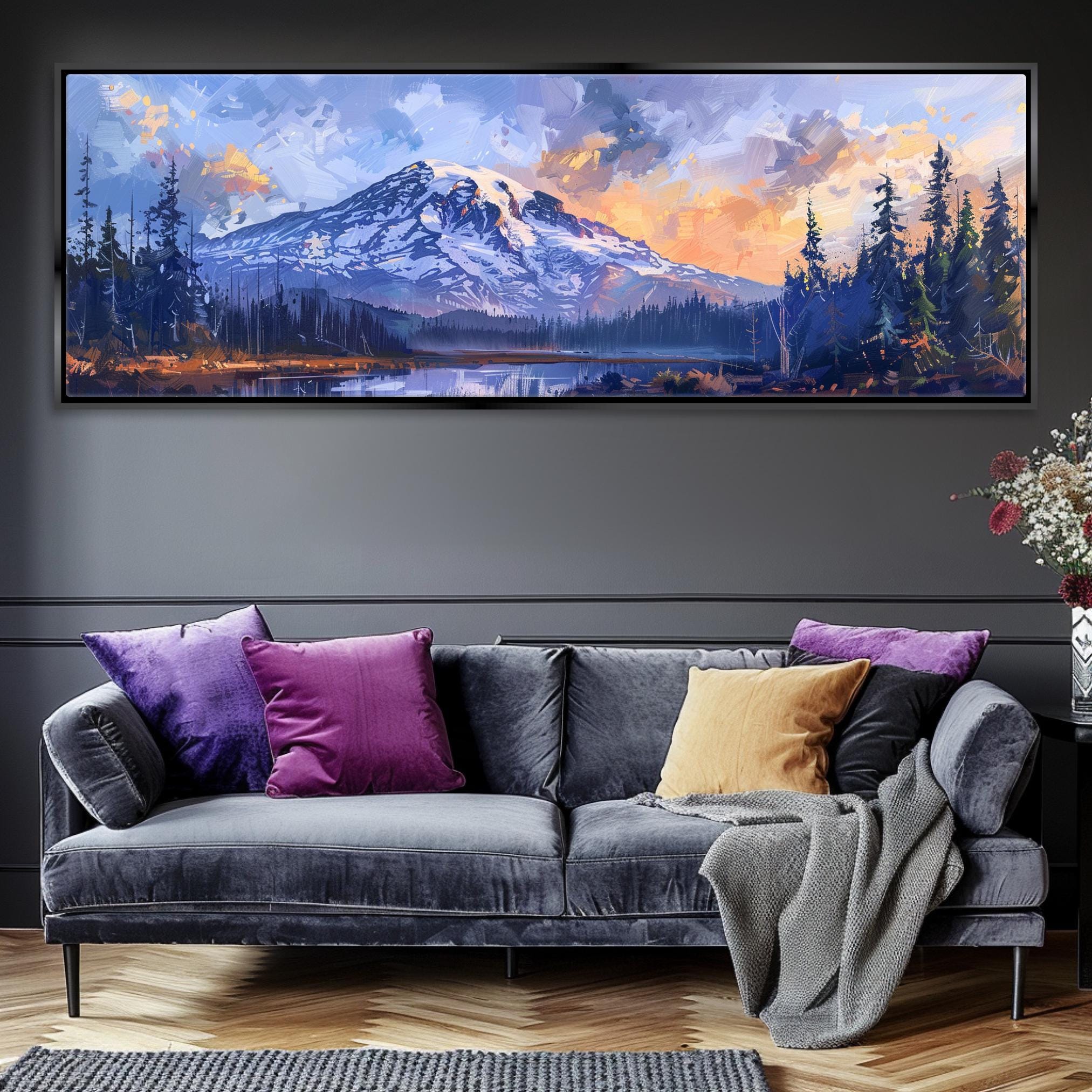 a living room with a couch and a painting on the wall