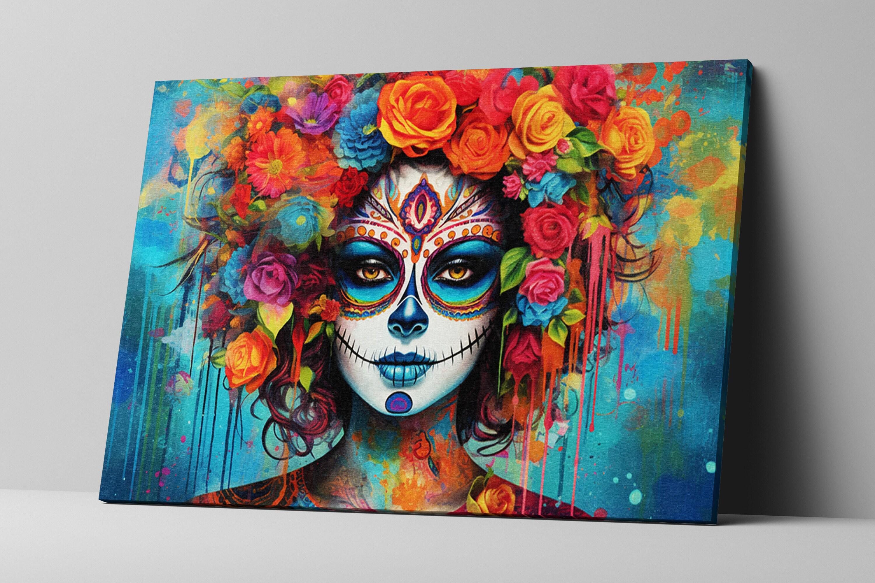 A vibrant and colorful painting depicting a woman's face with intricate floral and geometric patterns surrounding her, creating a striking and visually captivating image.