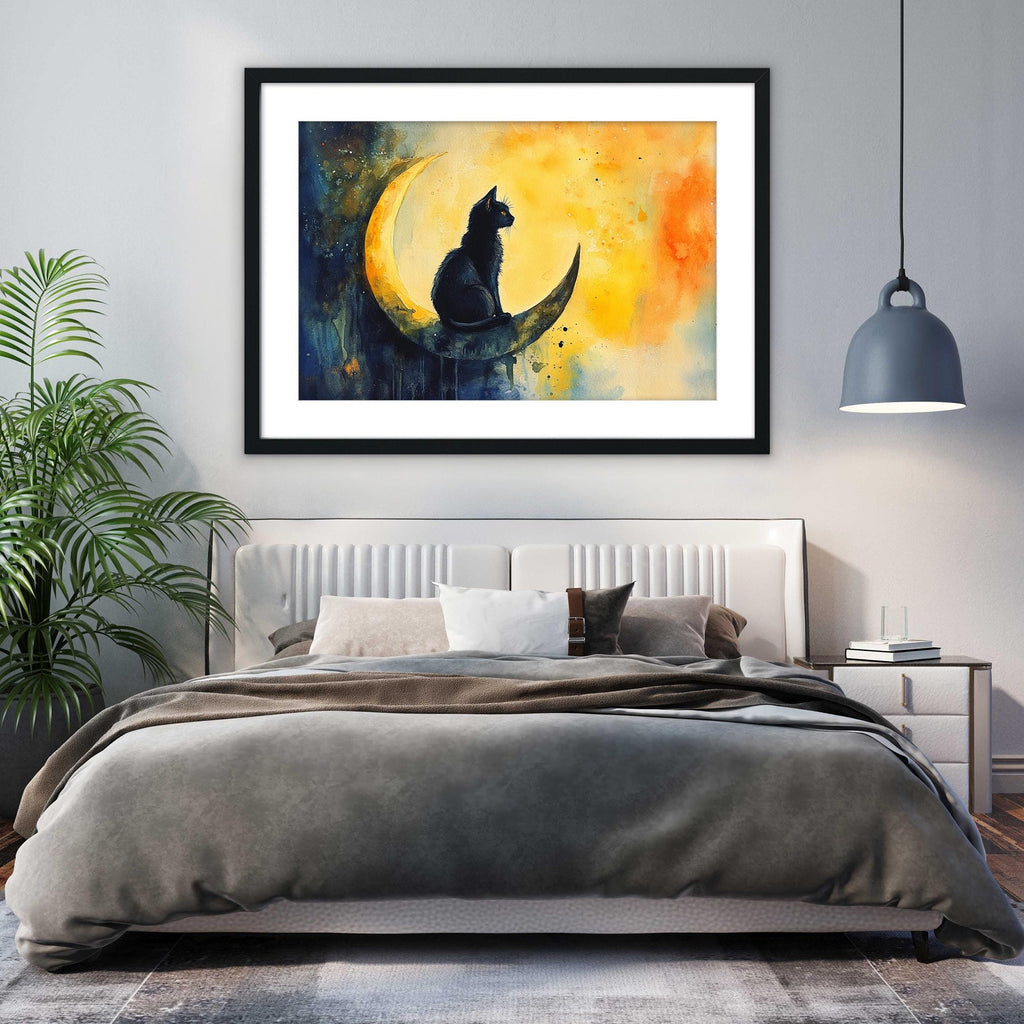 a bedroom with a large bed, a framed painting of a cat sitting on a crescent moon, and a potted plant on the left side of the room.