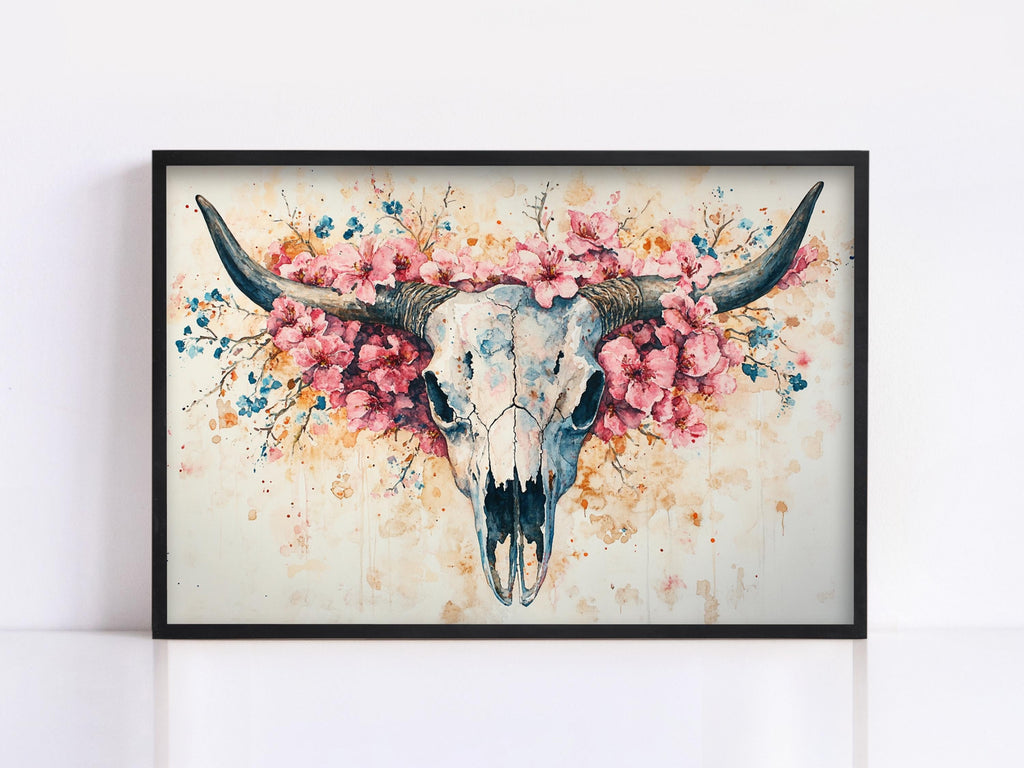 A framed painting depicting a skull surrounded by pink flowers and branches.