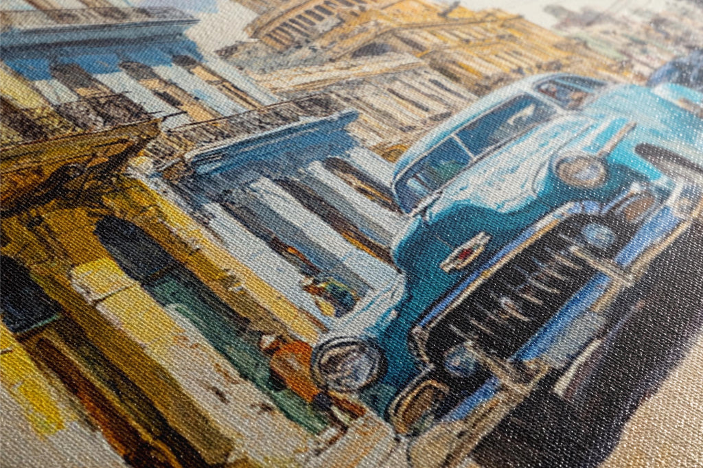 a painting of a blue car parked in front of a building