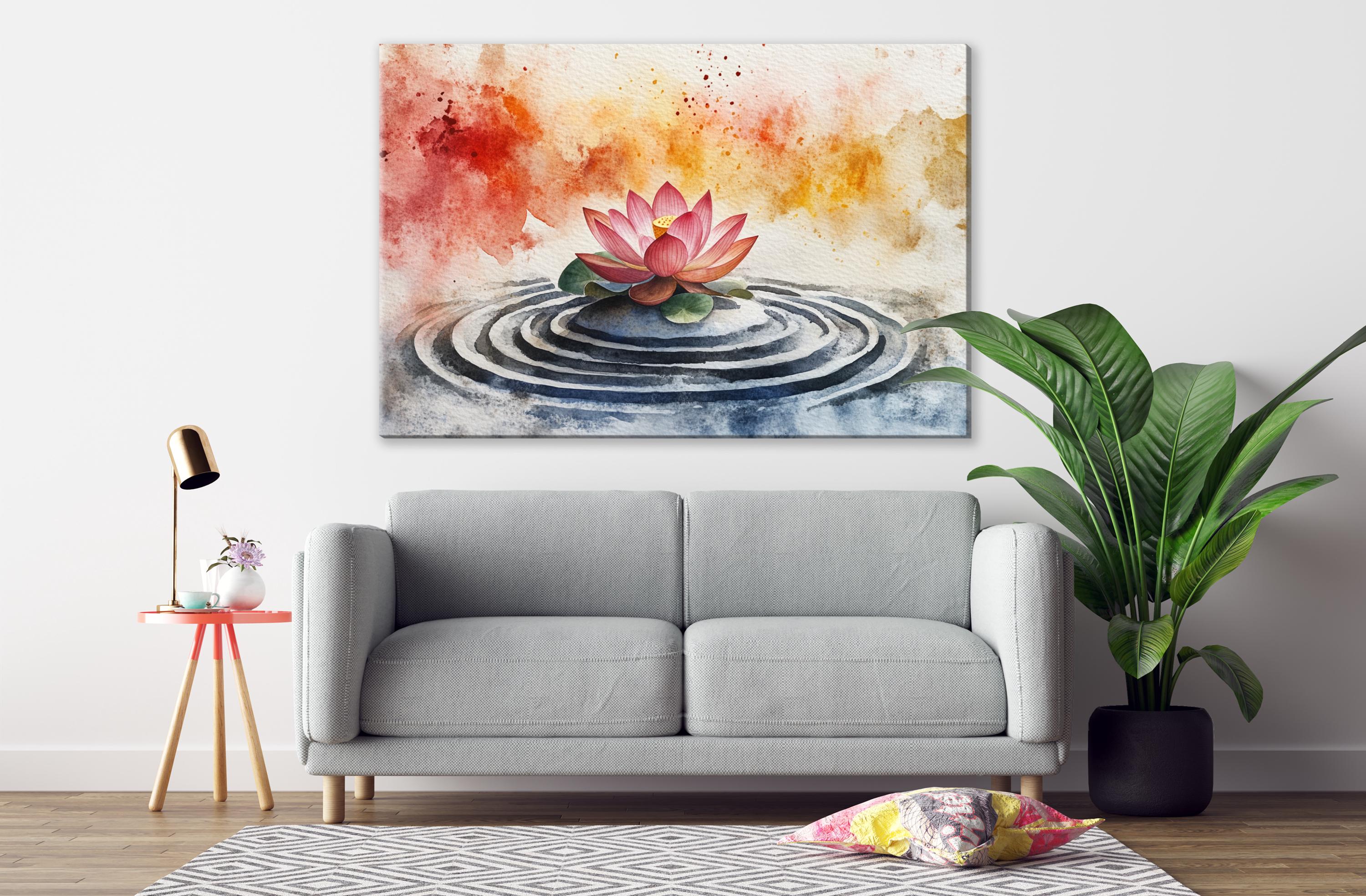 a living room with a gray sofa, a potted plant, and a painting of a lotus flower on the wall.