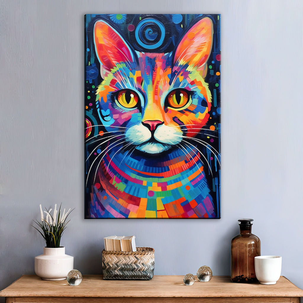 Colorful Cat Painting - Large Canvas Wall Art | Vibrant Pet Art, Expressive Cat Portrait