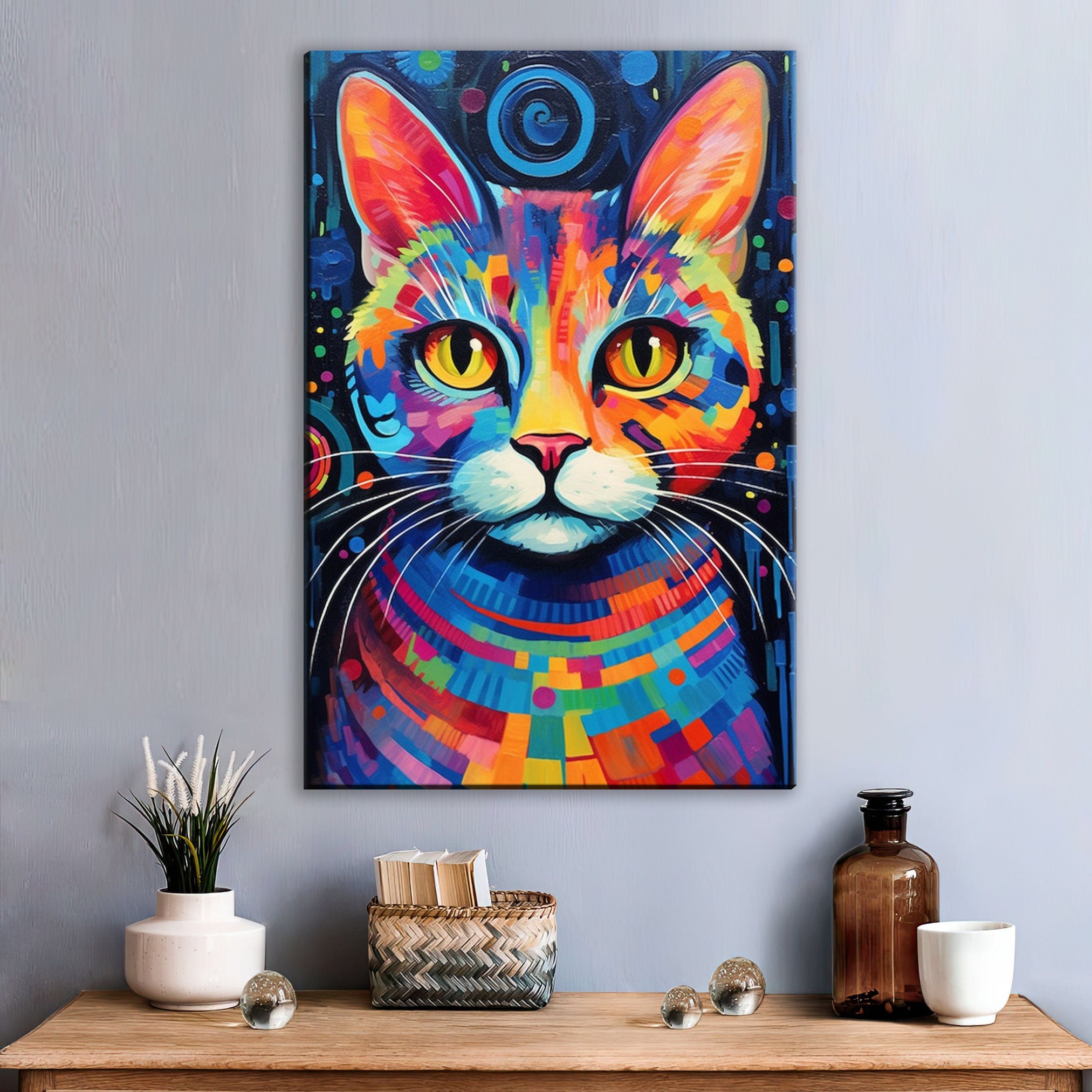 Colorful Cat Painting - Large Canvas Wall Art | Vibrant Pet Art, Expressive Cat Portrait