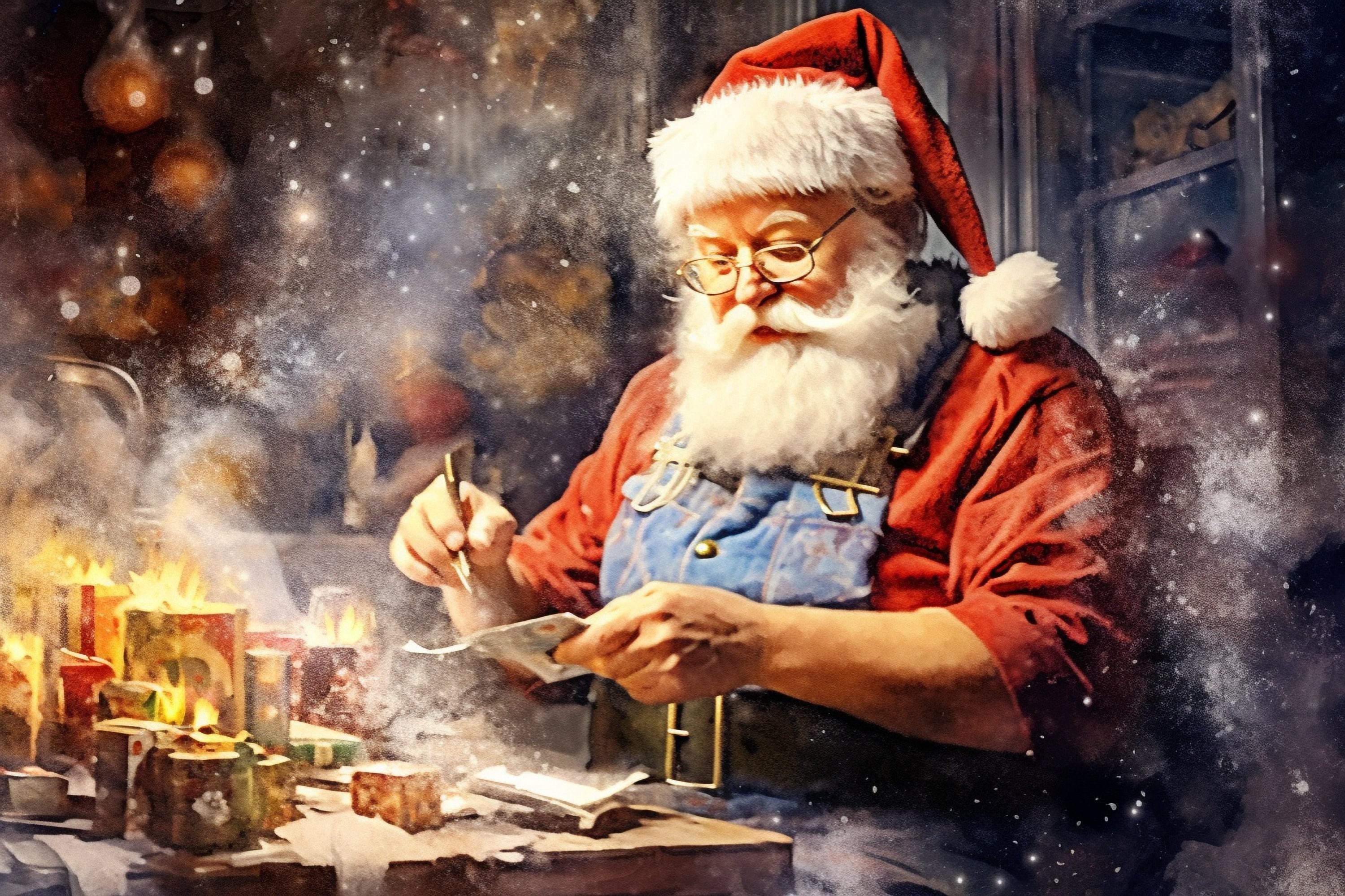Santa Claus in His Workshop Watercolor - Christmas Giclee Print on Canvas, Artist Paper, Watercolor Paper, Available in Extra Large Sizes