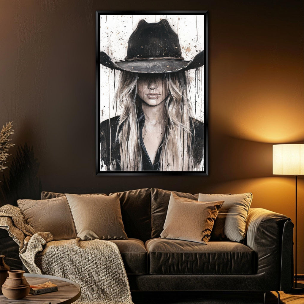 a living room with a couch and a painting of a woman wearing a cowboy hat