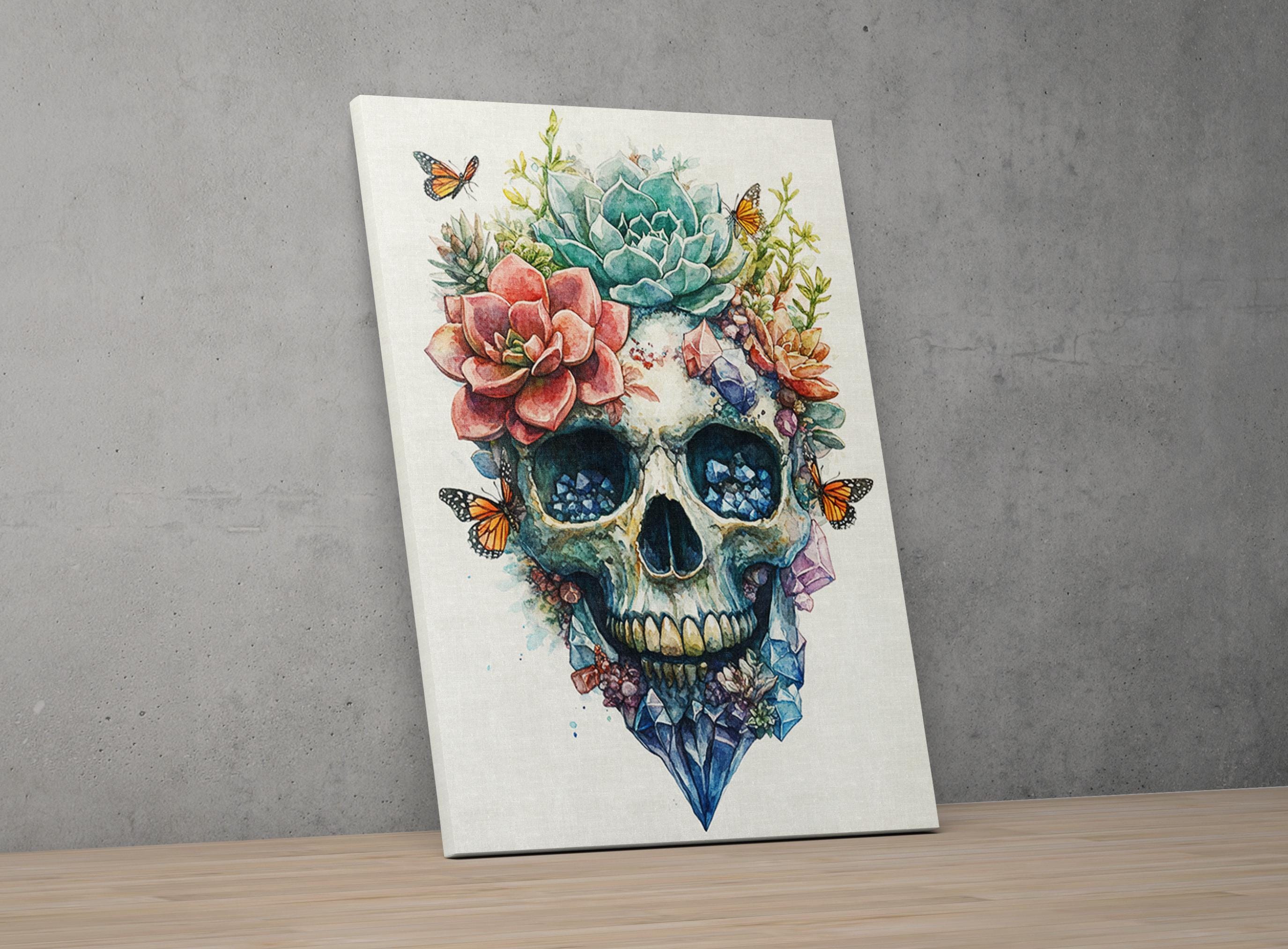 a skull with a floral arrangement on top of it, including a red flower, a green succulent, and other colorful flowers and butterflies.