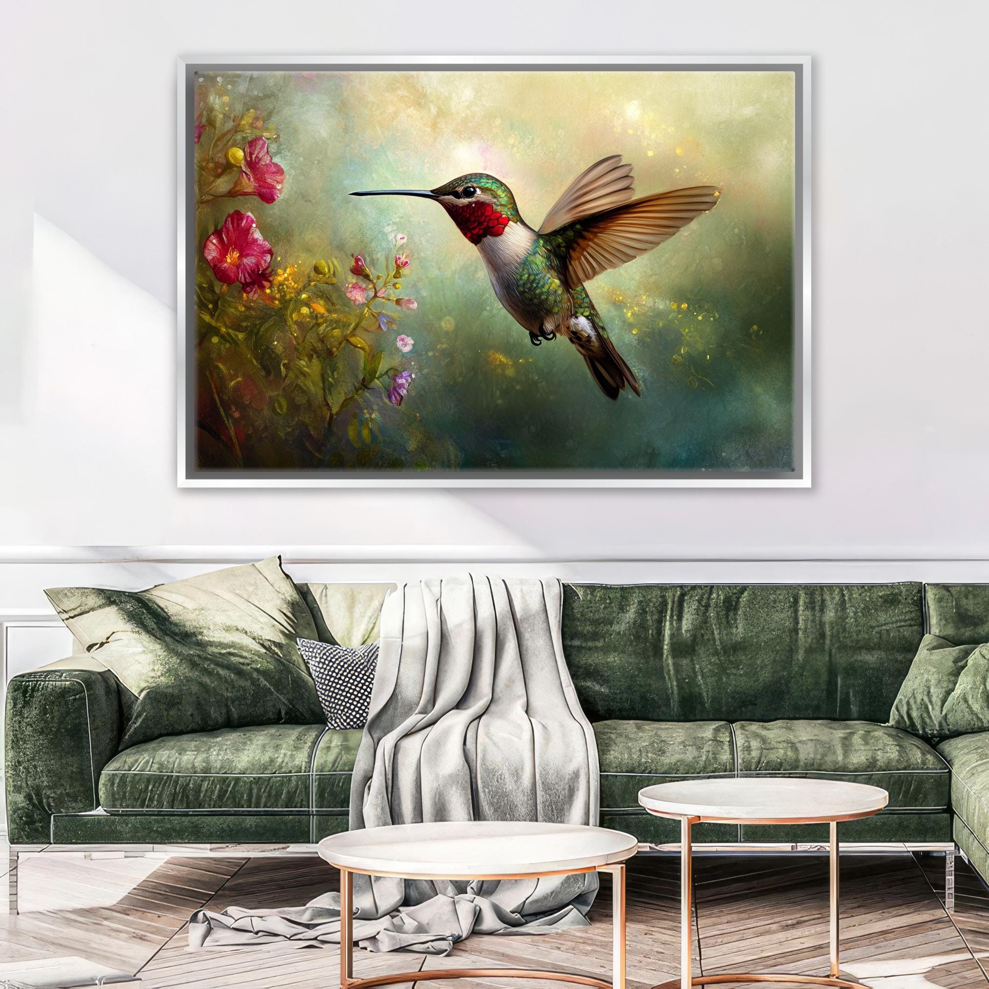 a painting of a hummingbird flying over a green couch