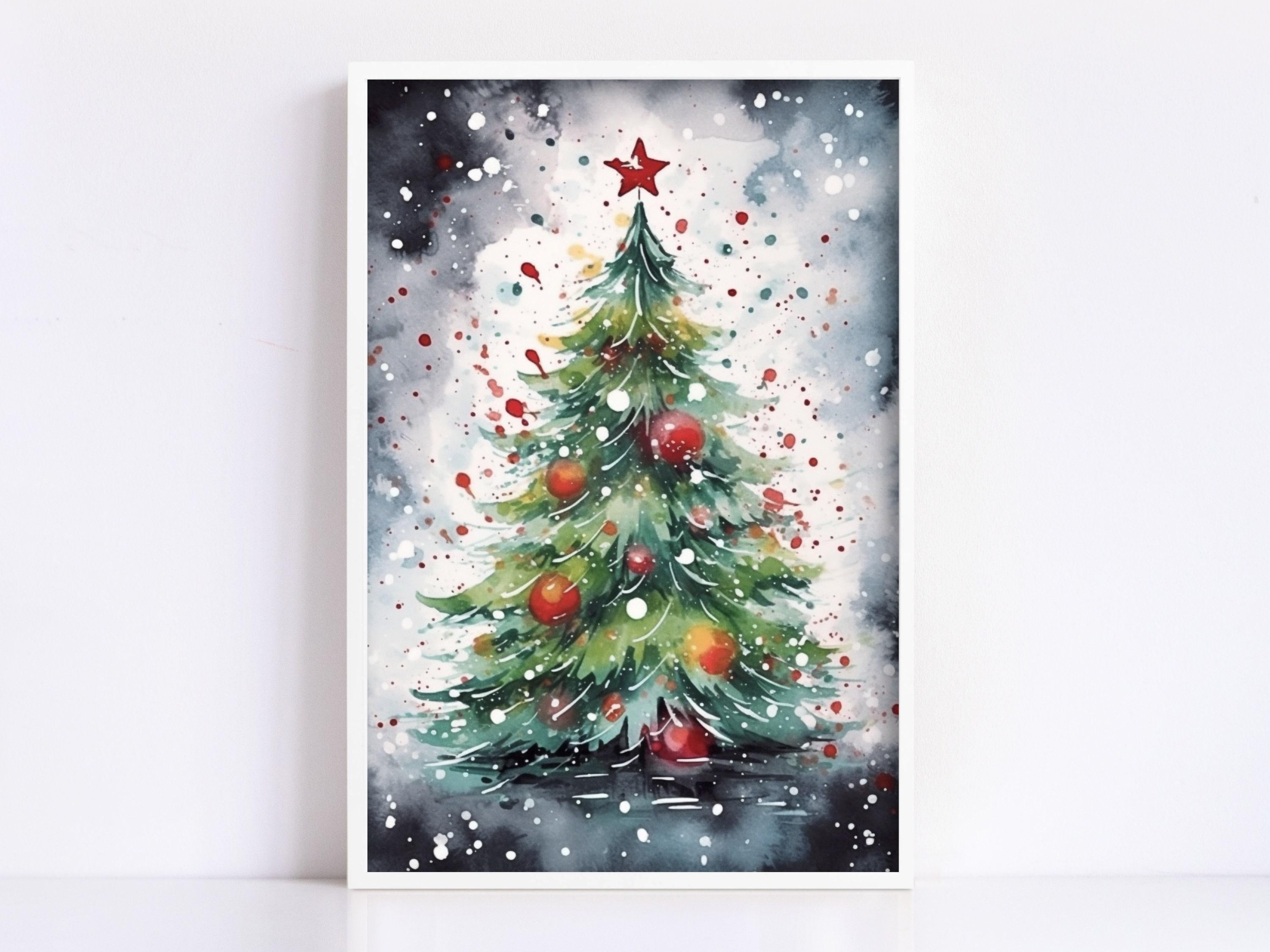 Festive Tree Watercolor Print - Holiday Home Decor, Giclee Print on Canvas, Artist Paper, Watercolor Paper, Available in Extra Large Sizes