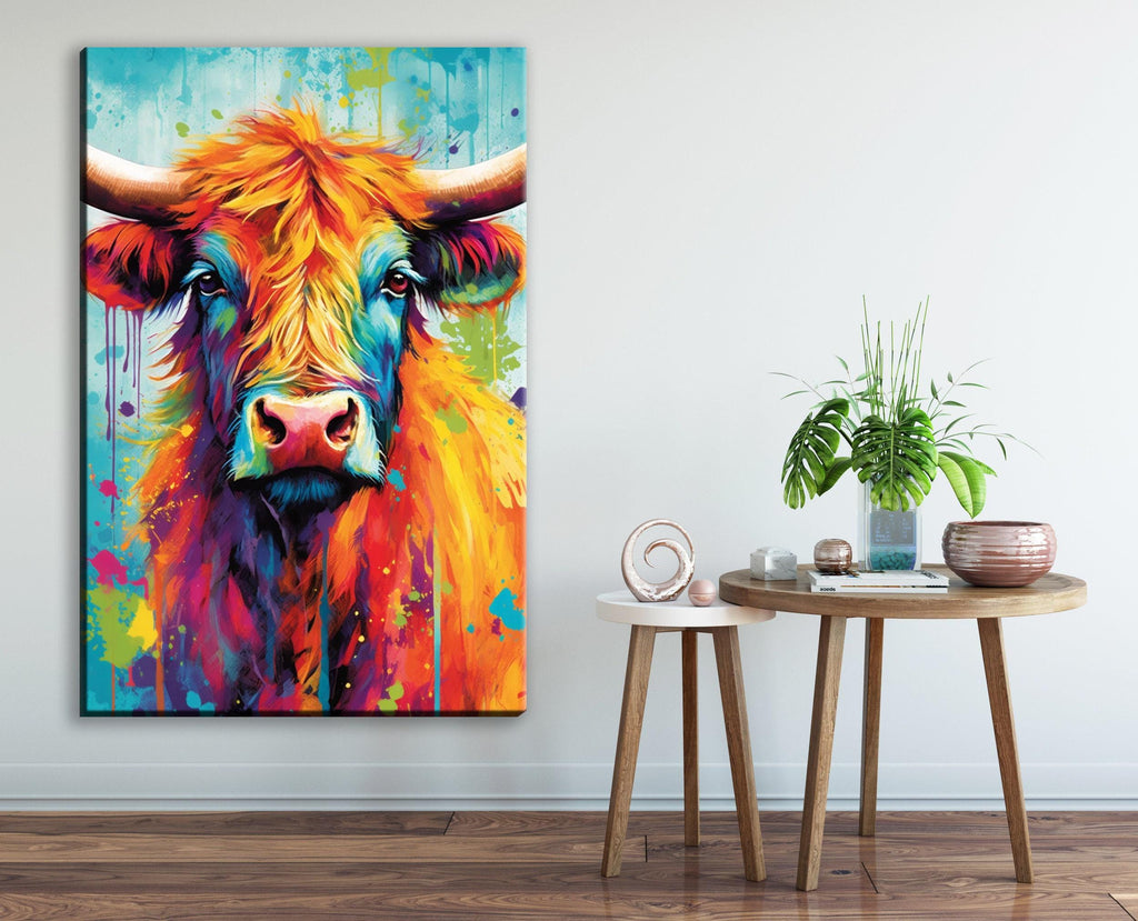 Highland Cow Painting – Watercolor Canvas Print | Colorful Cow Art on Large Canvas