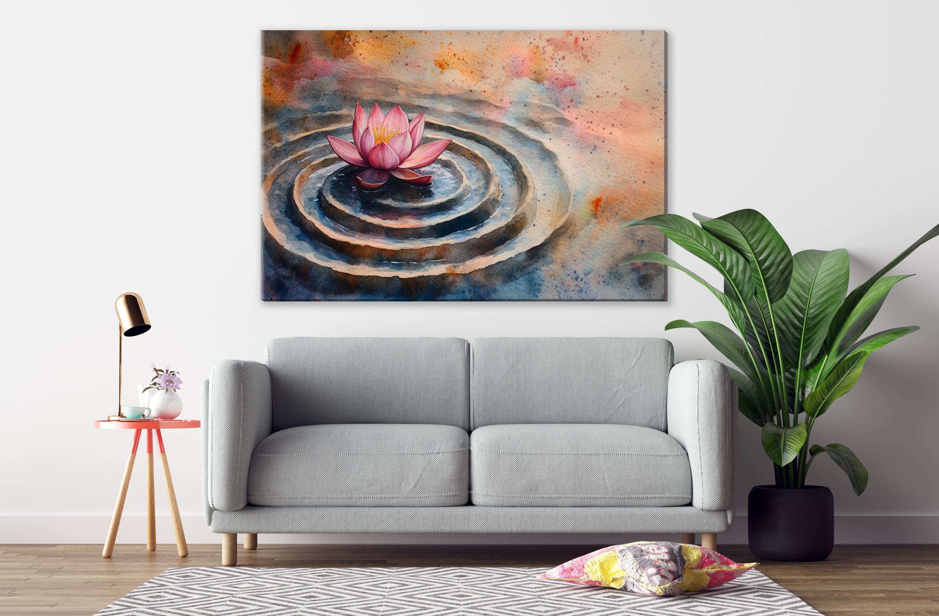 a gray sofa, a potted plant, a lamp, and a large painting of a water lily on a wall.