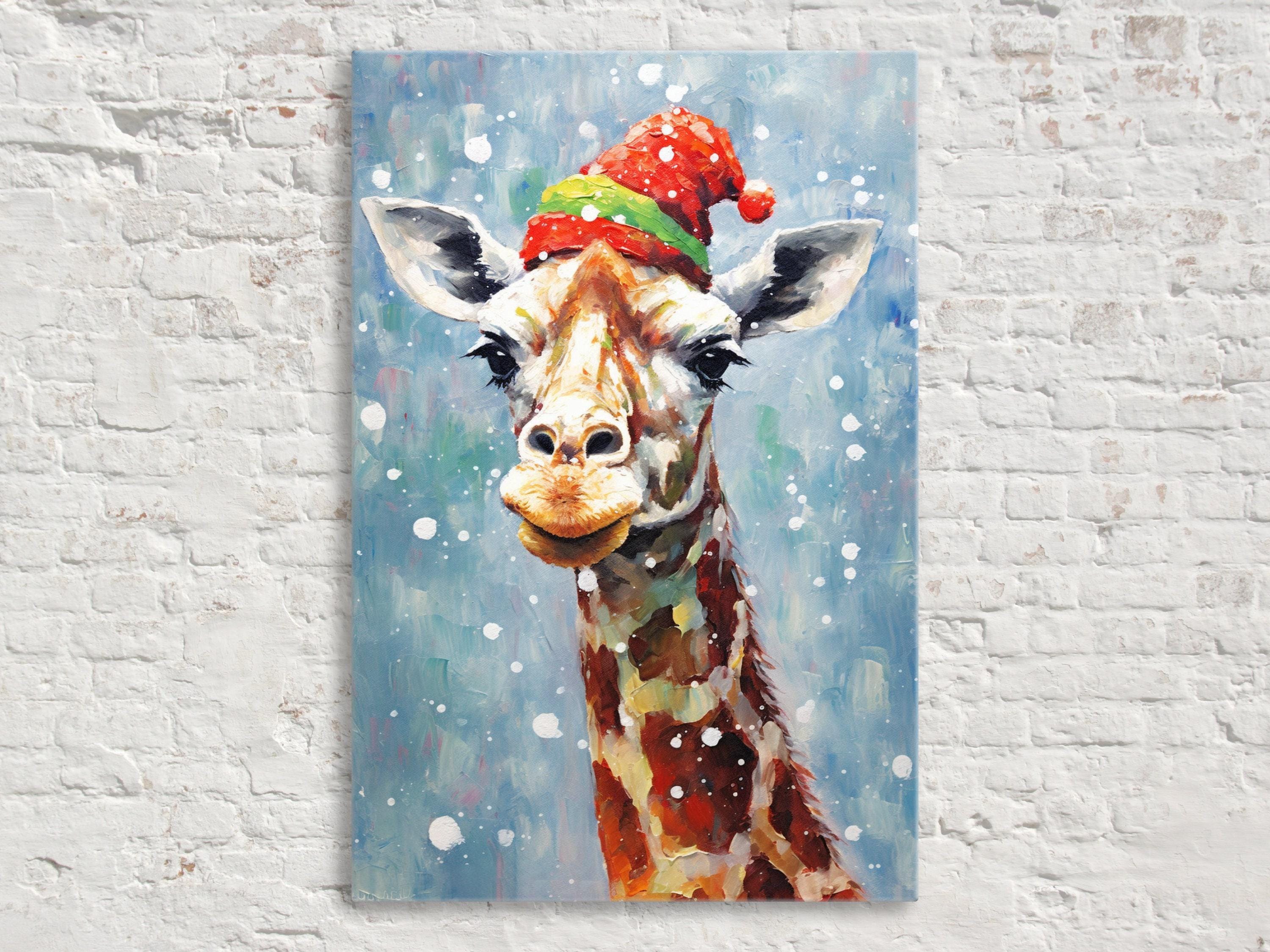 Giraffe In Santa Hat - Whimsical Christmas Canvas Art | Extra Large Gallery Wrapped Print