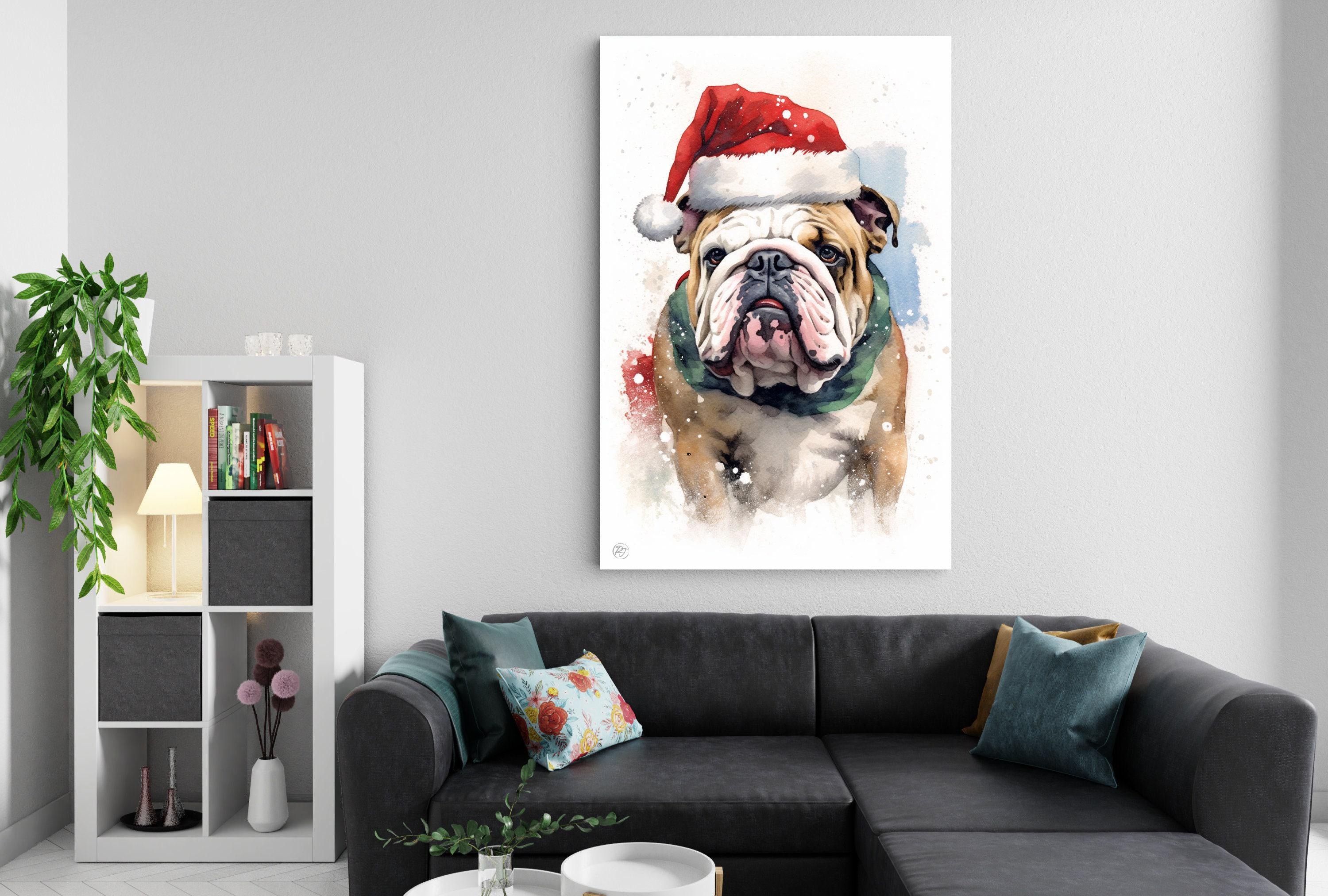 Festive English Bulldog in Santa Hat Watercolor Art, Giclee Print on Canvas, Artist Paper, Watercolor Paper, Available in Extra Large Sizes