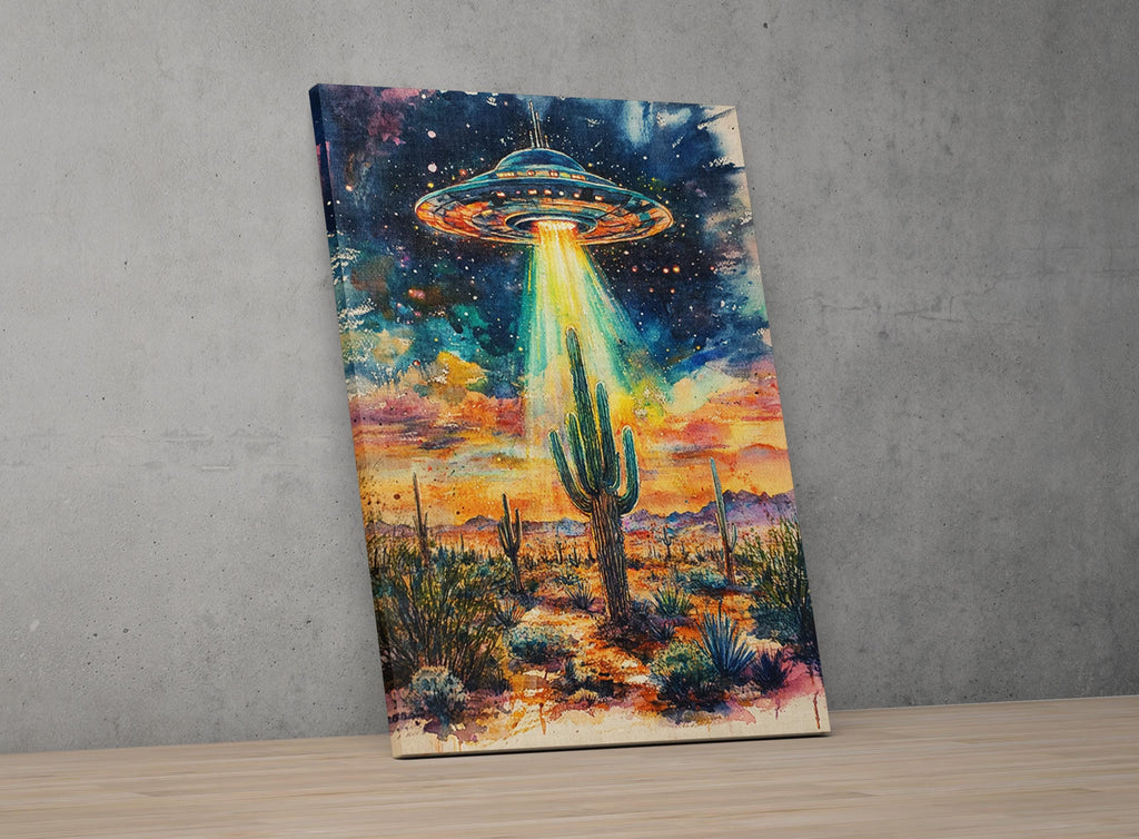 The image is a vibrant painting depicting an alien spacecraft hovering over a desert landscape with a cactus in the foreground.