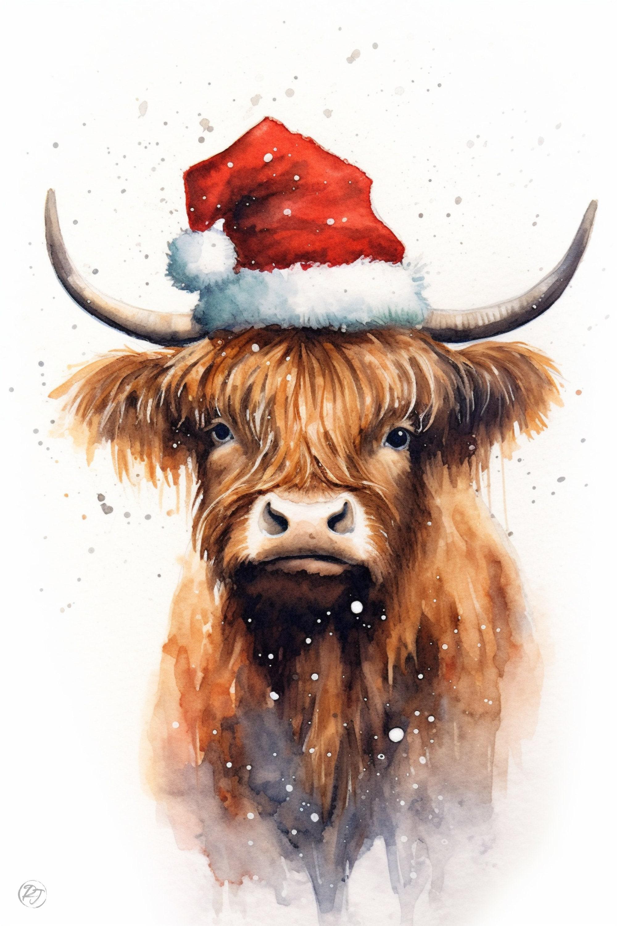 Festive Highland Cow in Santa Hat Watercolor Art, Giclee Print on Canvas, Artist Paper, Watercolor Paper, Available in Extra Large Sizes