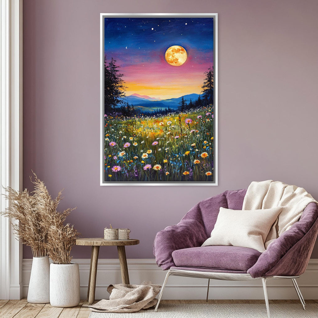 a painting of a field of wildflowers with a full moon in the background