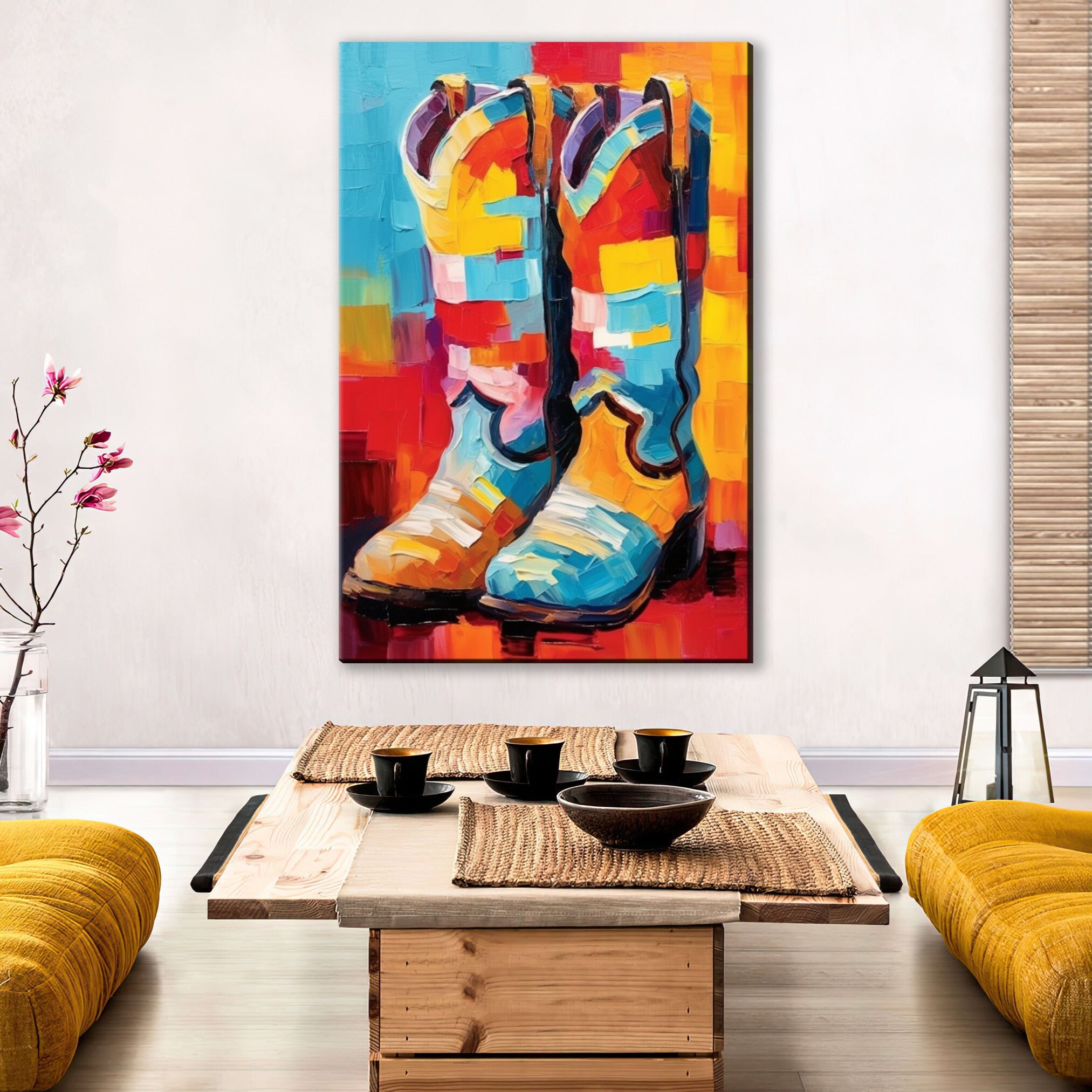 Western Cowboy Boots Canvas – Large Colorful Texas Themed Wall Art Print
