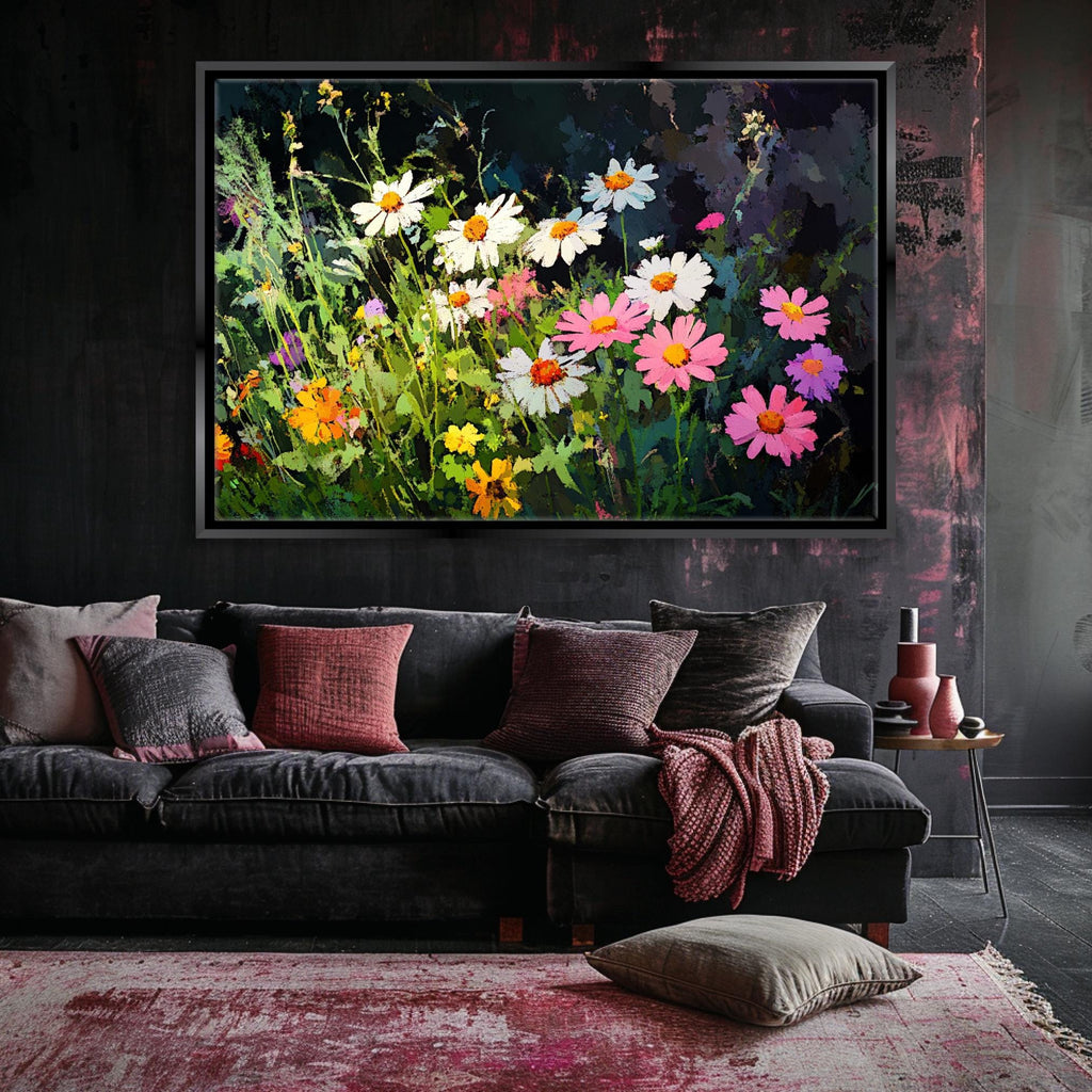a living room with a couch and a painting on the wall