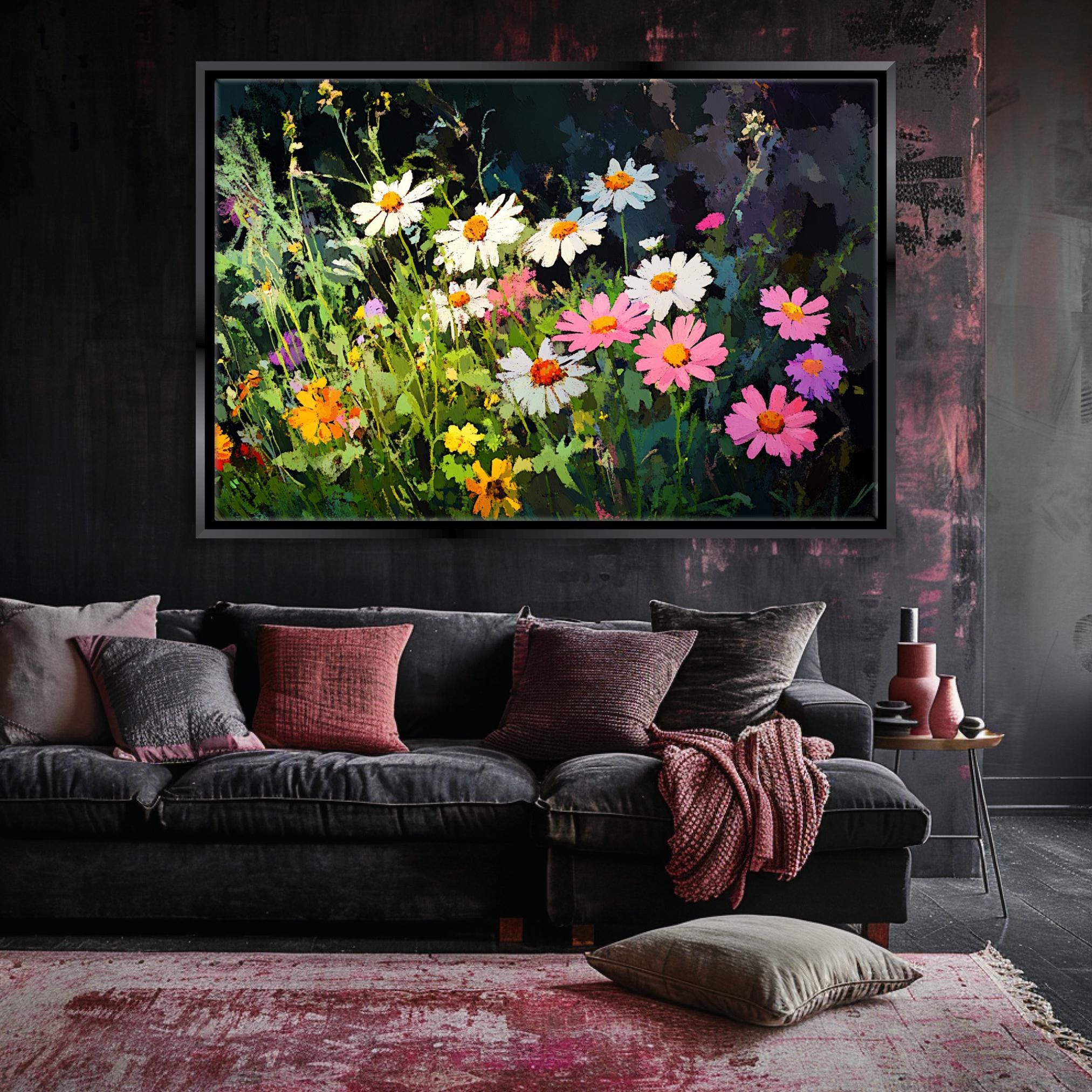 a living room with a couch and a painting on the wall
