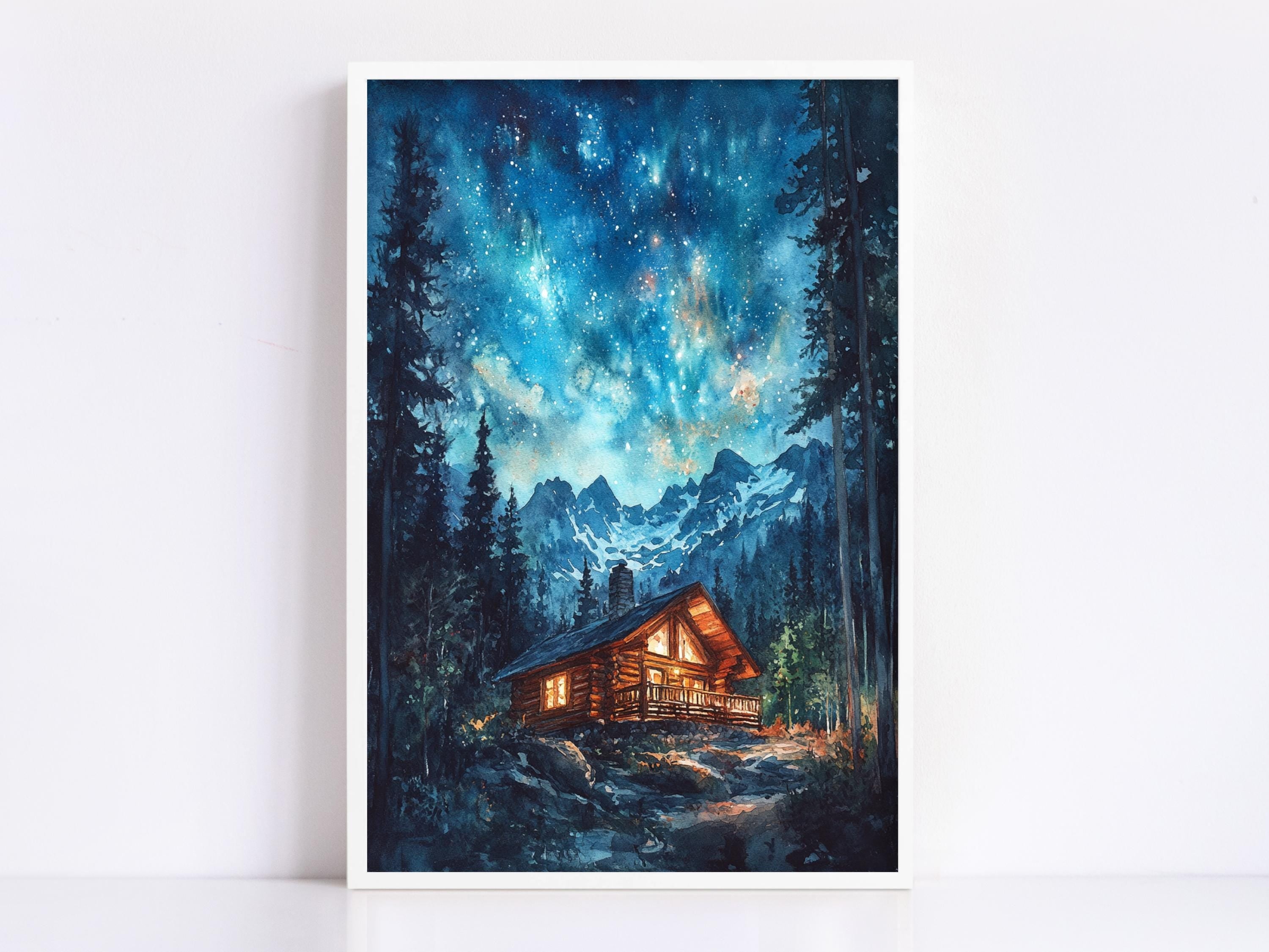a cozy cabin nestled in a serene forest, with a starry night sky overhead.