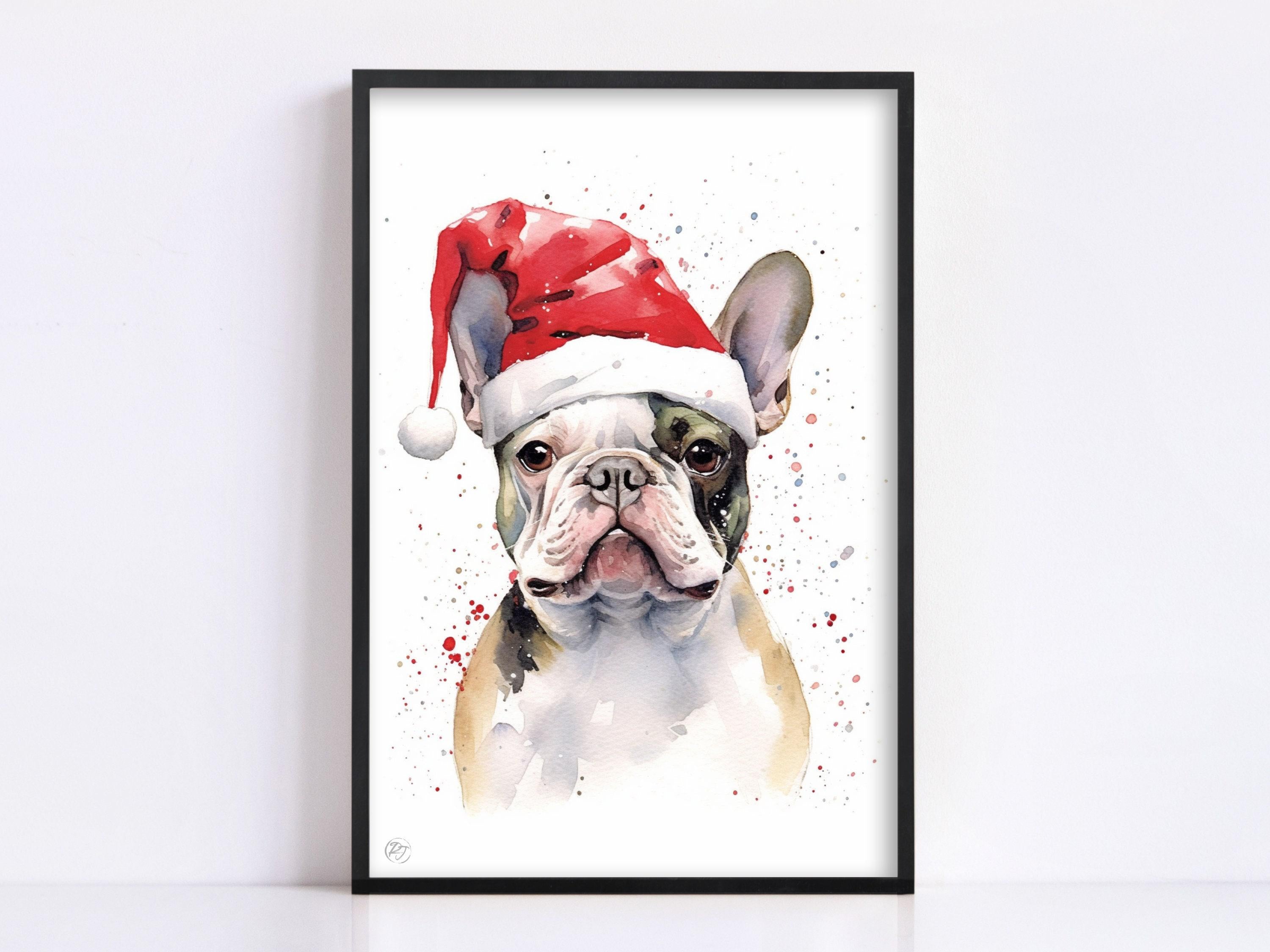 Holiday Frenchie - Watercolor French Bulldog with Santa Hat, Print on Canvas, Artist Paper, Watercolor Paper, Available in Extra Large Sizes