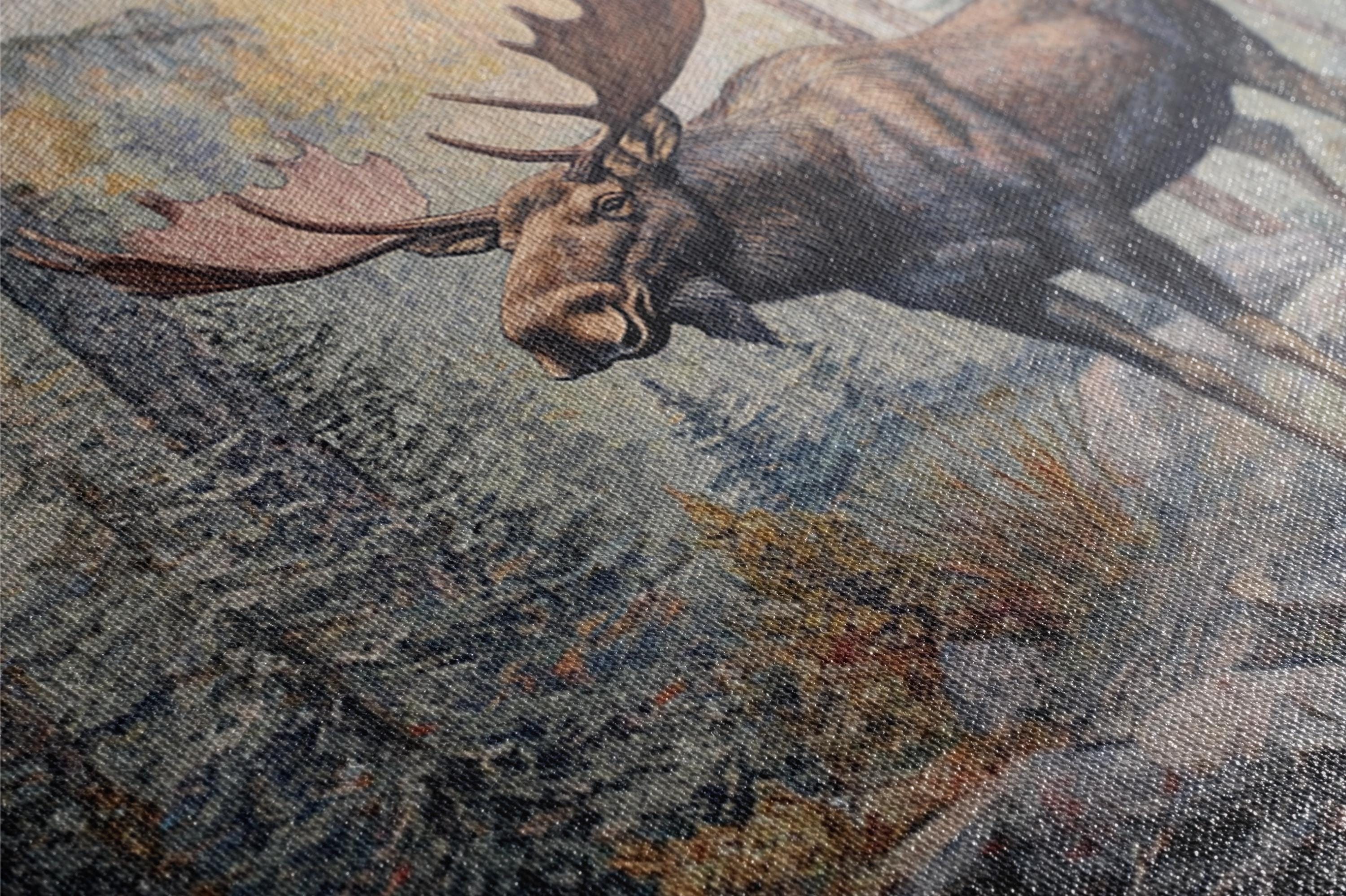 a close up of a rug with a picture of a moose