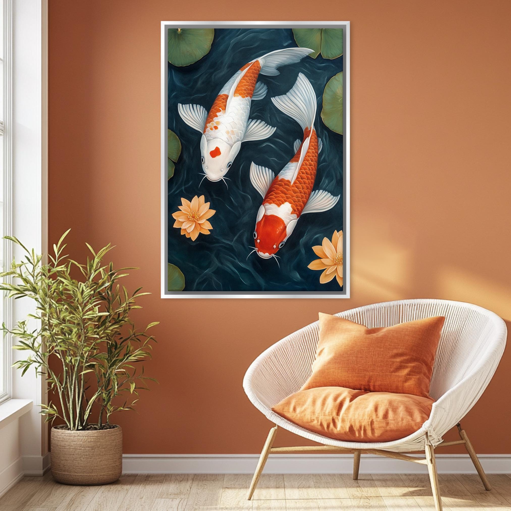 a painting of two koi fish in a pond
