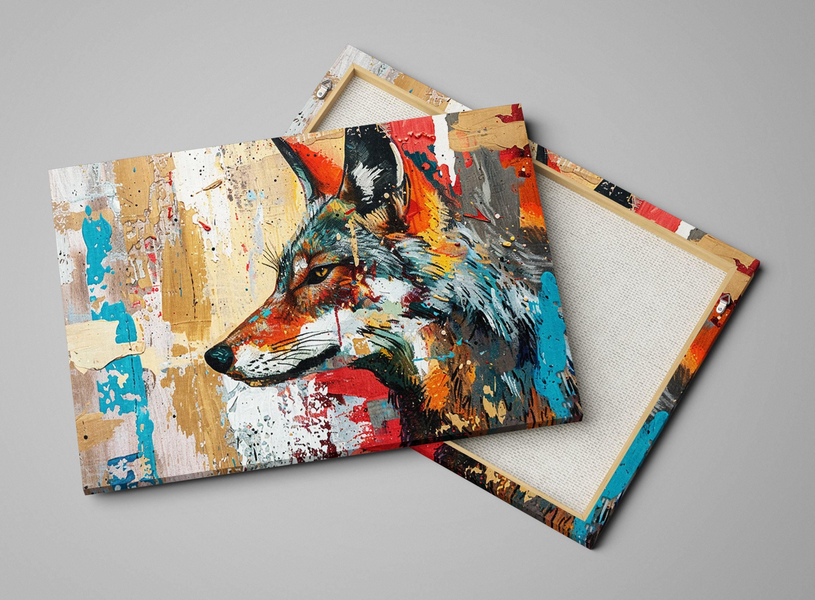 a vibrant, colorful painting of a fox's head, with bold brushstrokes and a mix of warm and cool colors.