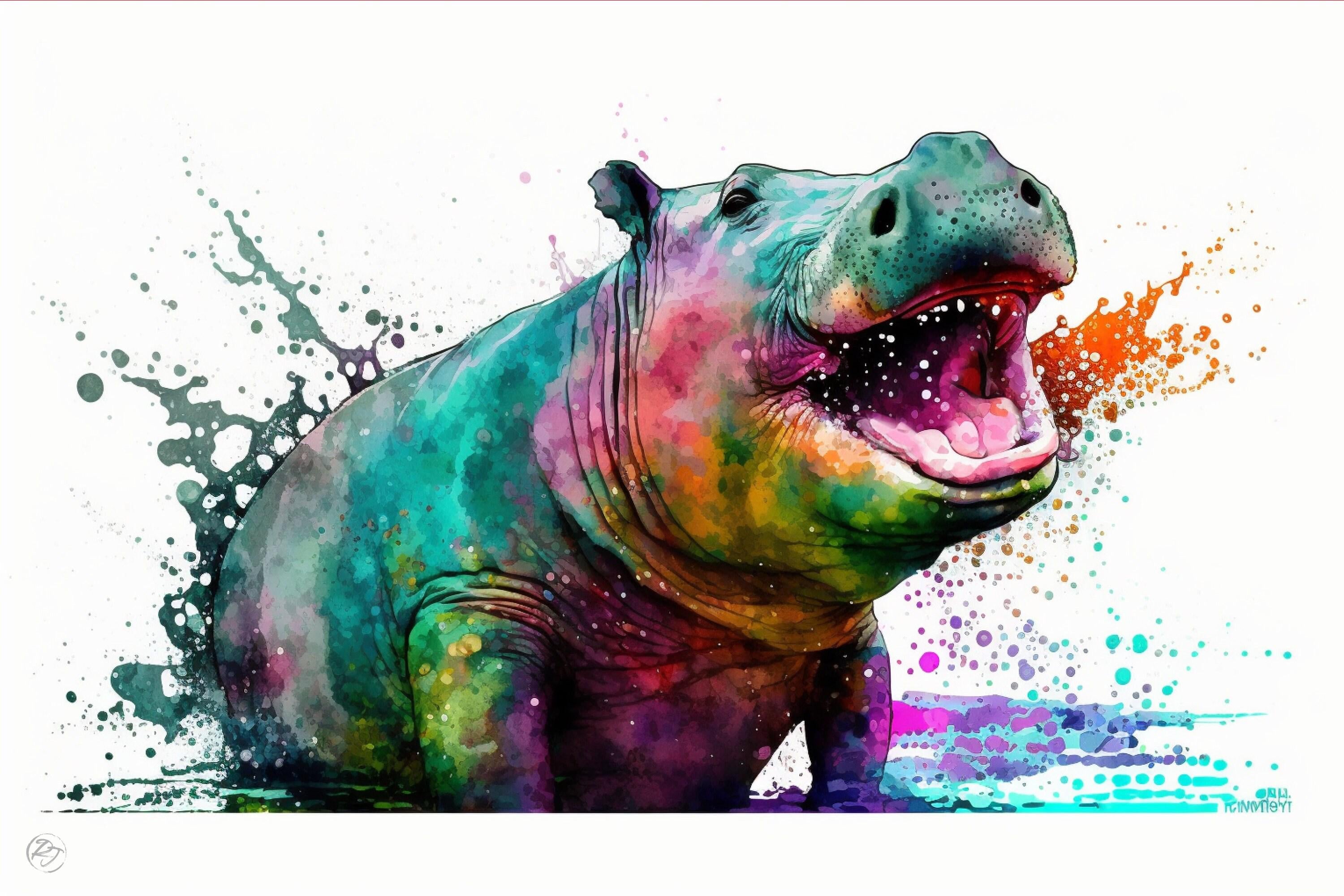 Hippo Serenity: Watercolor Hippopotamus Art Print, Giclee Print on Canvas, Artist Paper, Watercolor Paper, Available in Extra Large Sizes