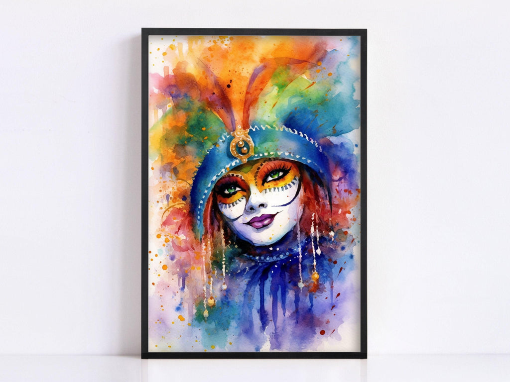 Mardi Gras Masked Woman Watercolor – NOLA Carnival Art, Print on Canvas, Artist Paper, Watercolor Paper, Available in Extra Large Sizes