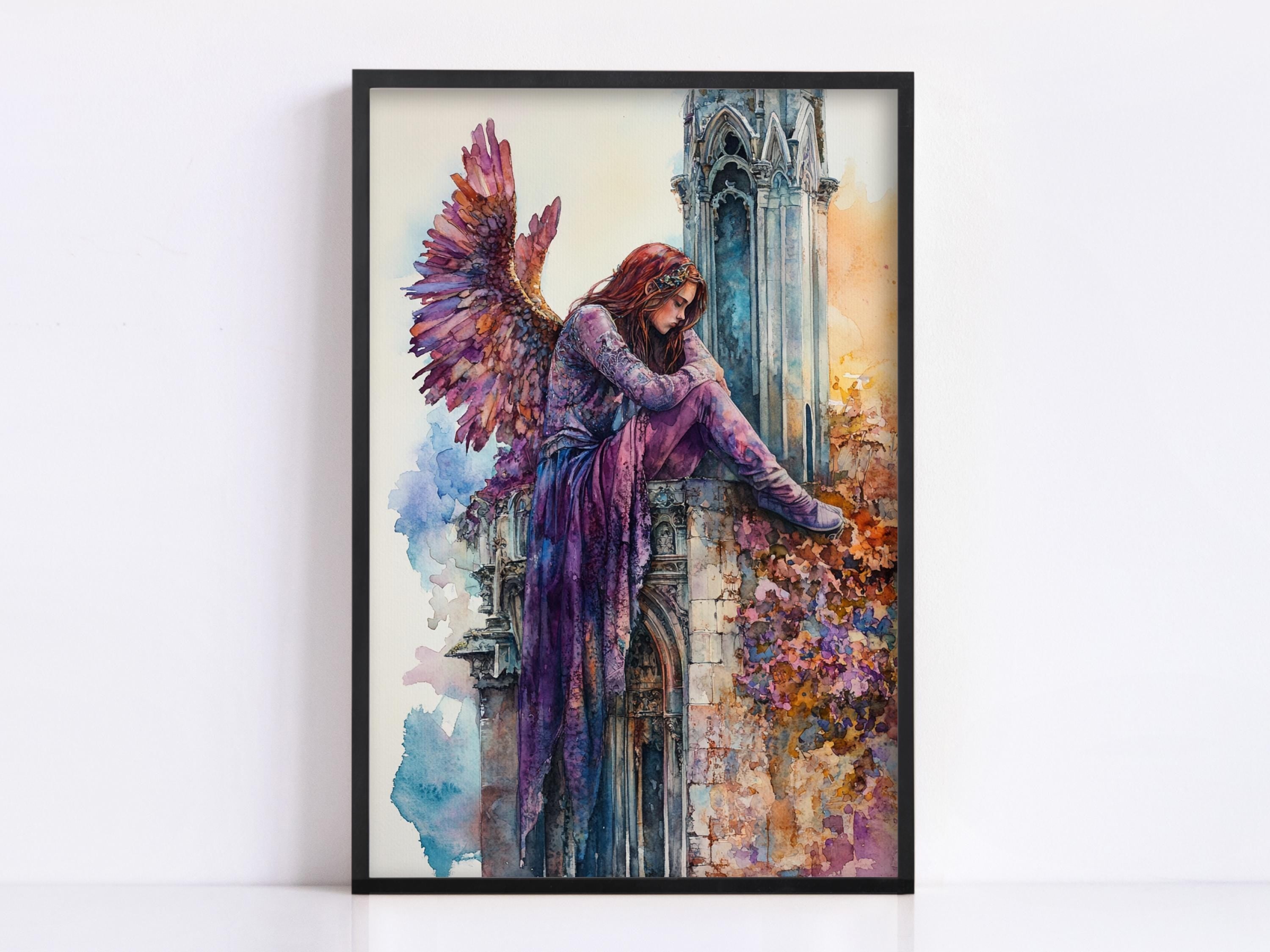 A framed painting depicting a woman with long, flowing purple hair and wings, sitting on a ledge and gazing out at a colorful, abstract background.