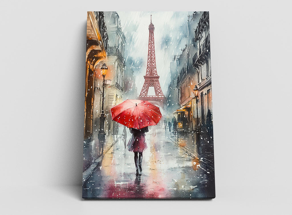 A woman walks down a rainy street, holding a red umbrella, with the Eiffel Tower visible in the background.