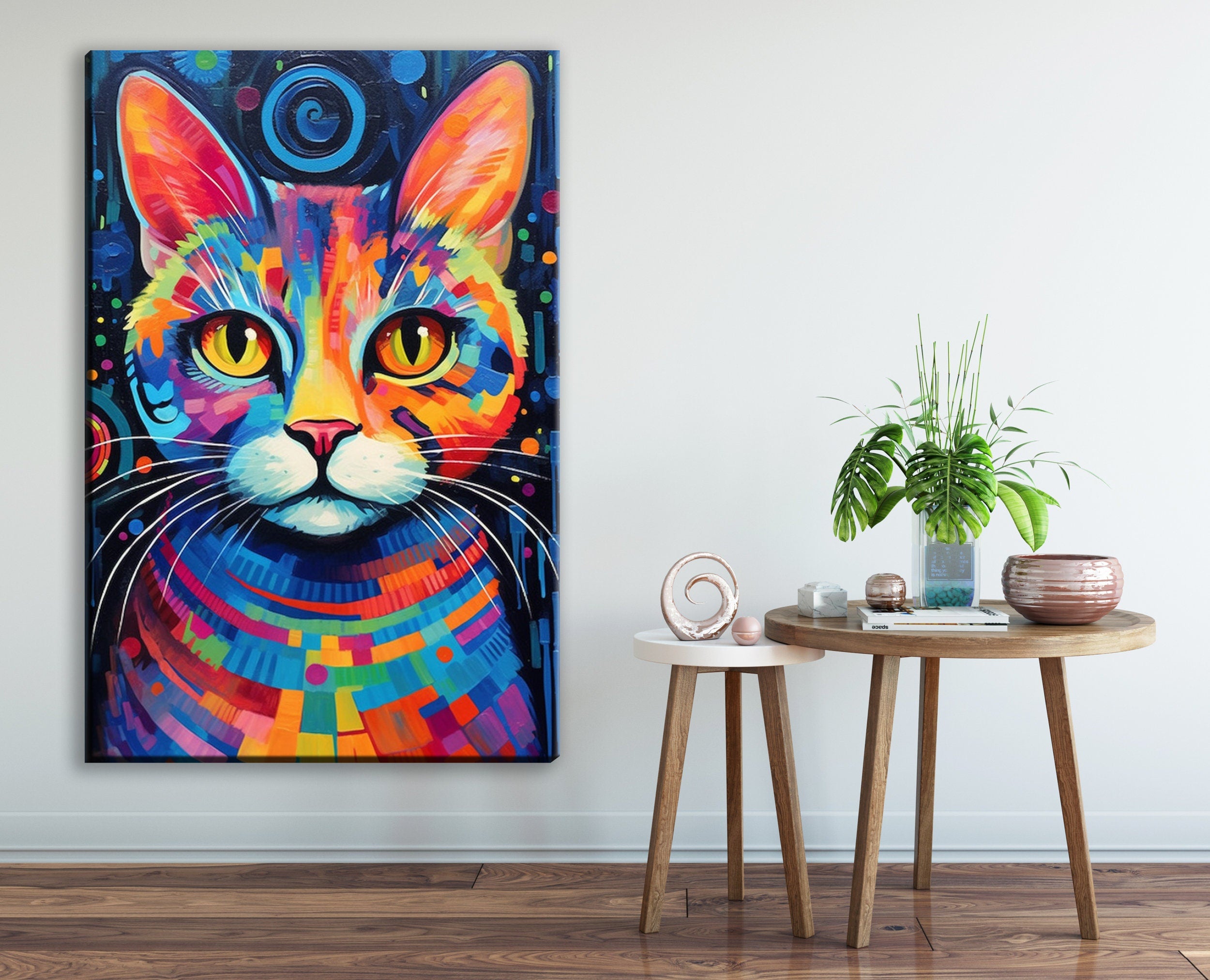 Colorful Cat Painting - Large Canvas Wall Art | Vibrant Pet Art, Expressive Cat Portrait
