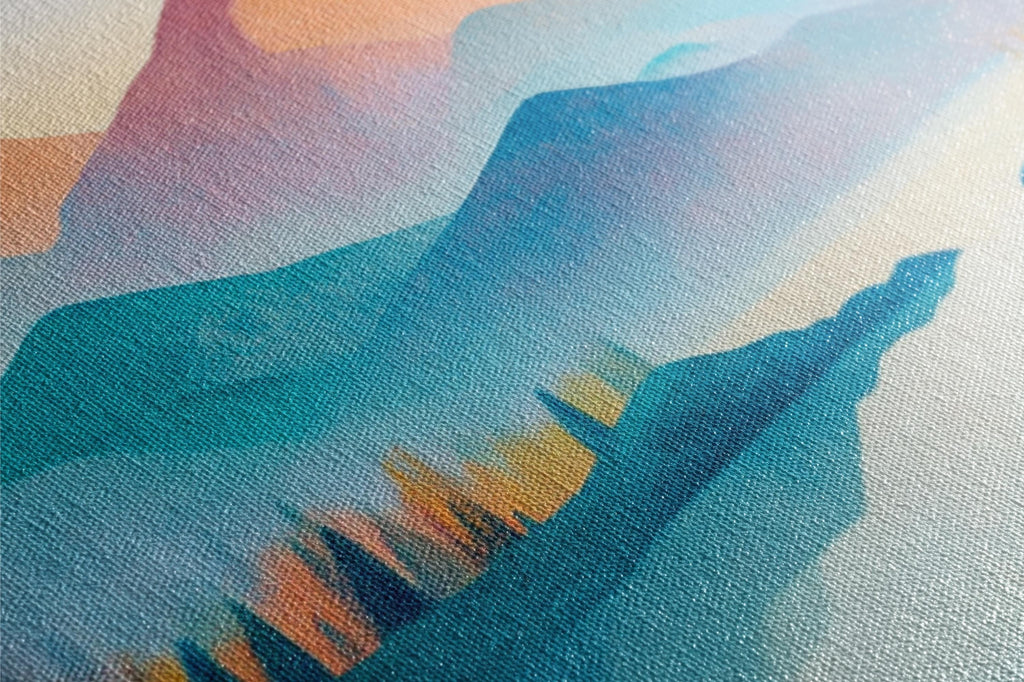 a close up of a piece of art with mountains in the background