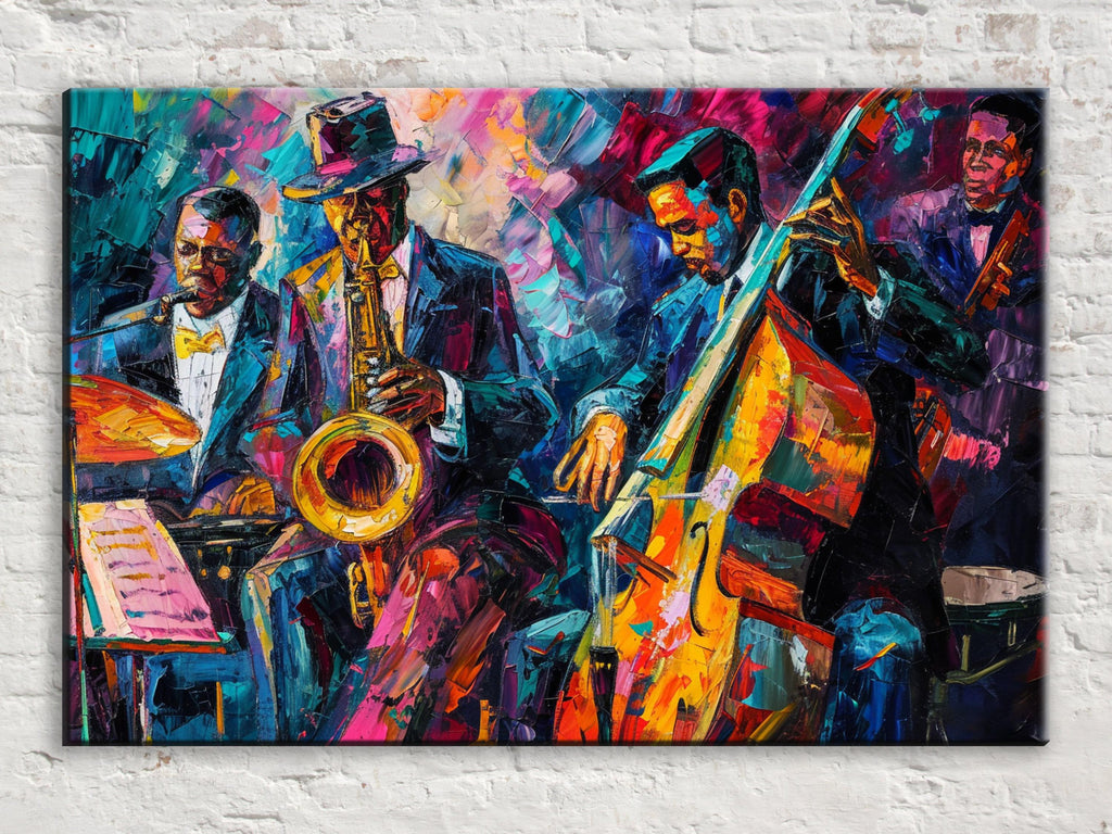 Jazz Canvas Print – Vibrant New Orleans Jazz Band Painting on Gallery Wrapped Canvas