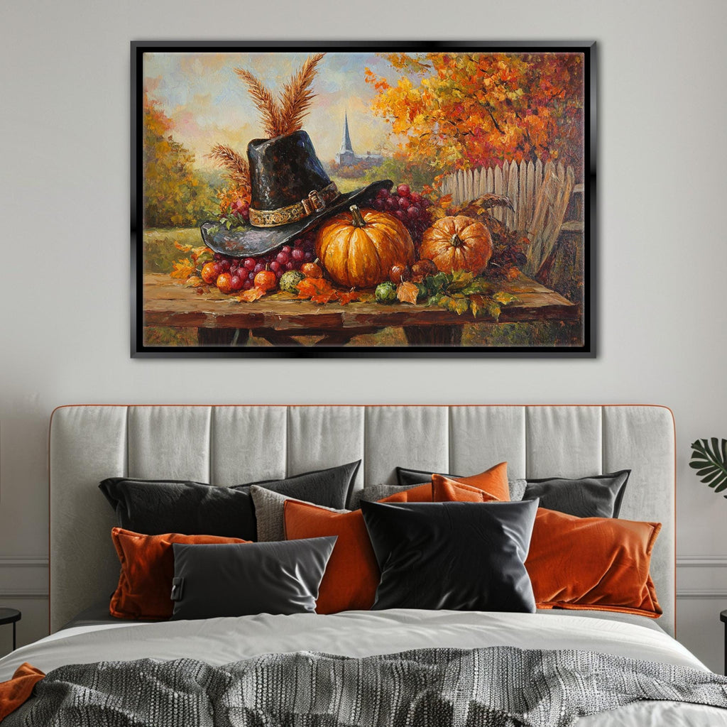 a large painting of a table with various fruits and vegetables, including a pumpkin, grapes, and an orange, hanging above a bed with pillows and a gray headboard.