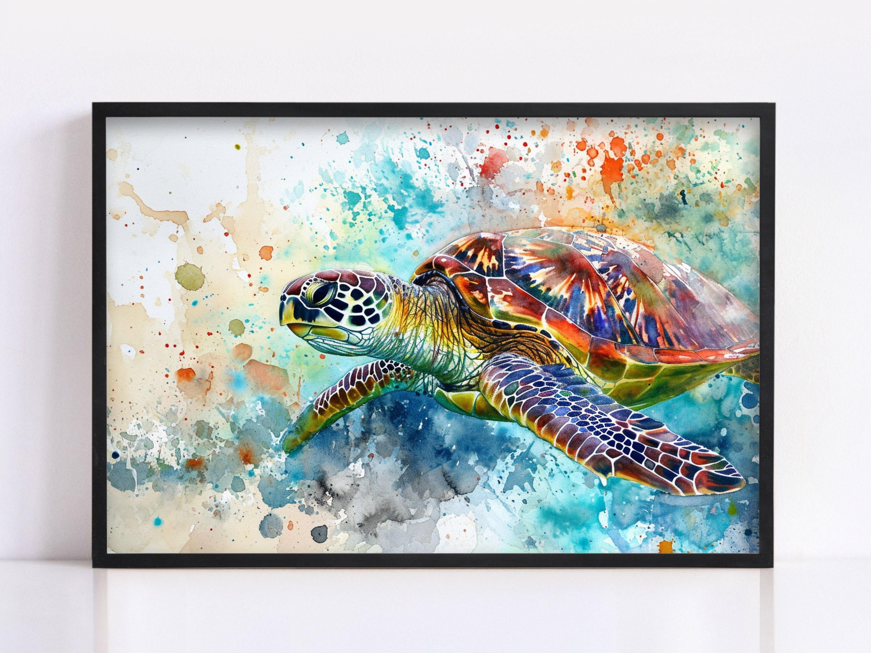 A framed painting depicting a colorful sea turtle swimming in the ocean, with splashes of water and paint creating a vibrant and dynamic scene.