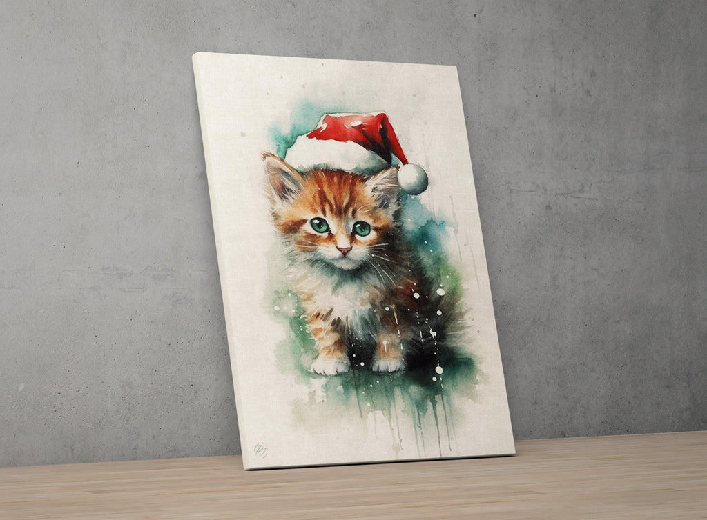 Festive Kitten in Santa Hat Watercolor Art Print, Giclee Print on Canvas, Artist Paper, Watercolor Paper, Available in Extra Large Sizes