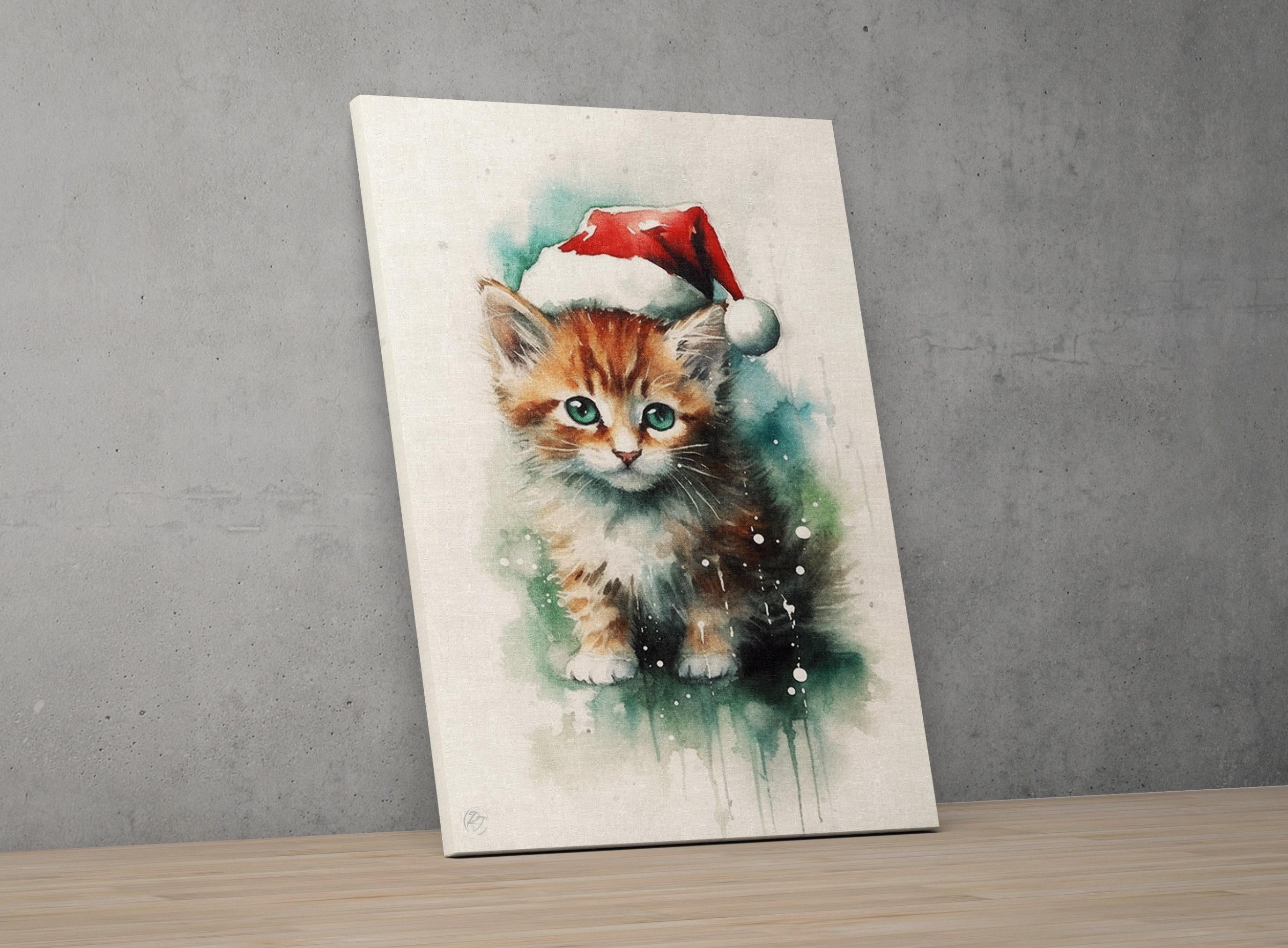 Festive Kitten in Santa Hat Watercolor Art Print, Giclee Print on Canvas, Artist Paper, Watercolor Paper, Available in Extra Large Sizes