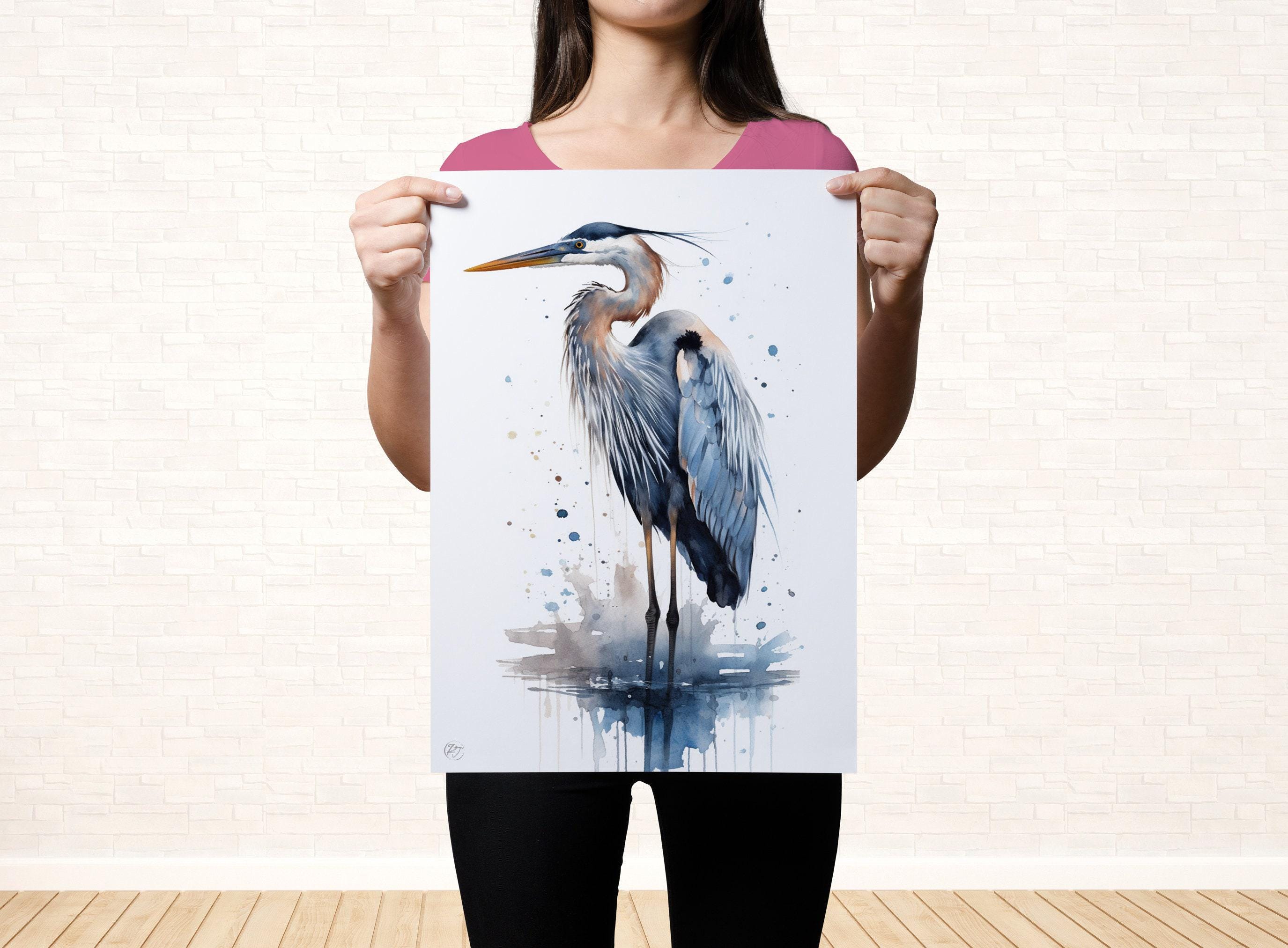 Tranquil Guardian: Blue Heron Watercolor Wall Art, Giclee Print on Canvas, Artist Paper, Watercolor Paper, Available in Extra Large Sizes