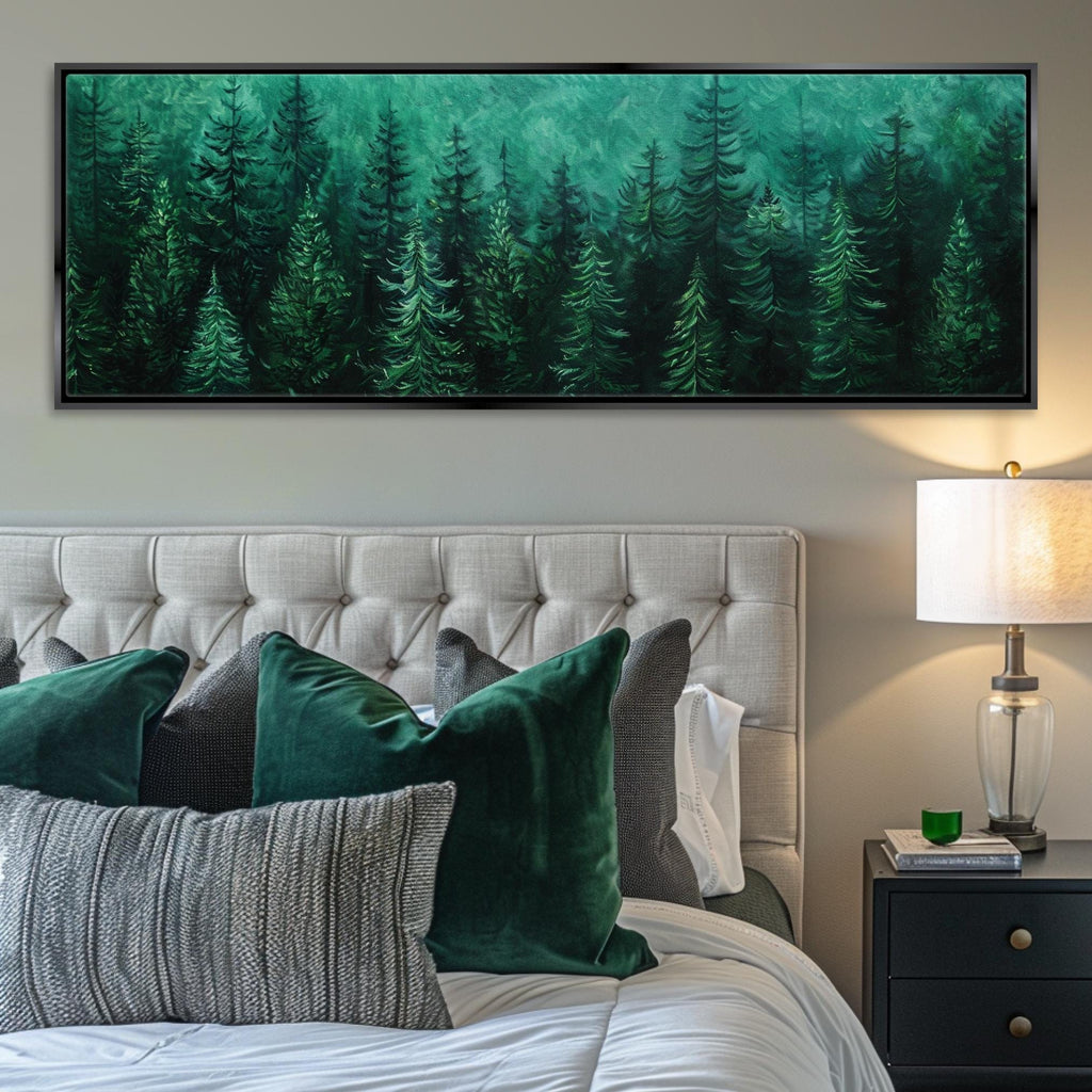 a bed with a white headboard and green pillows